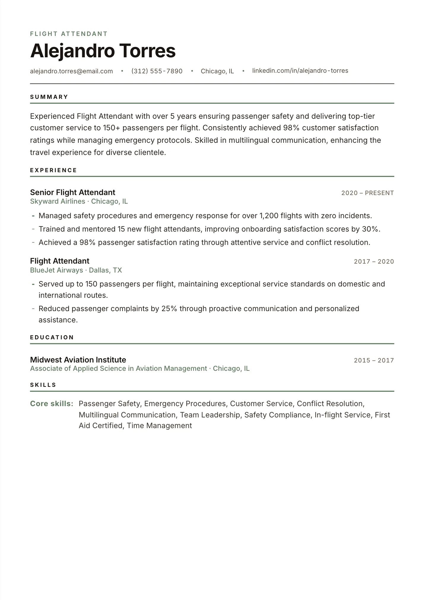Flight Attendant resume example as a one-page PDF in the LuckyResume editor