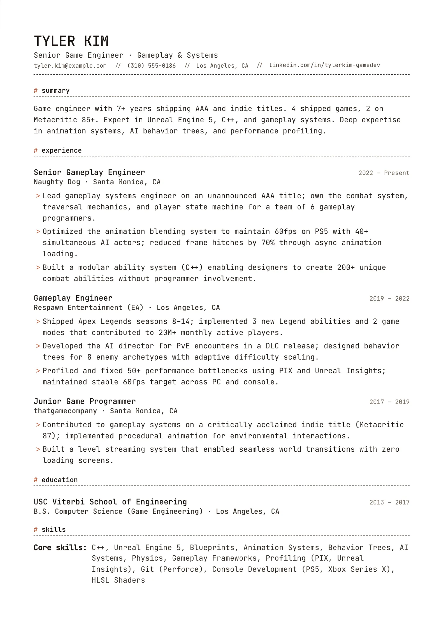 Game Developer resume example as a one-page PDF in the LuckyResume editor