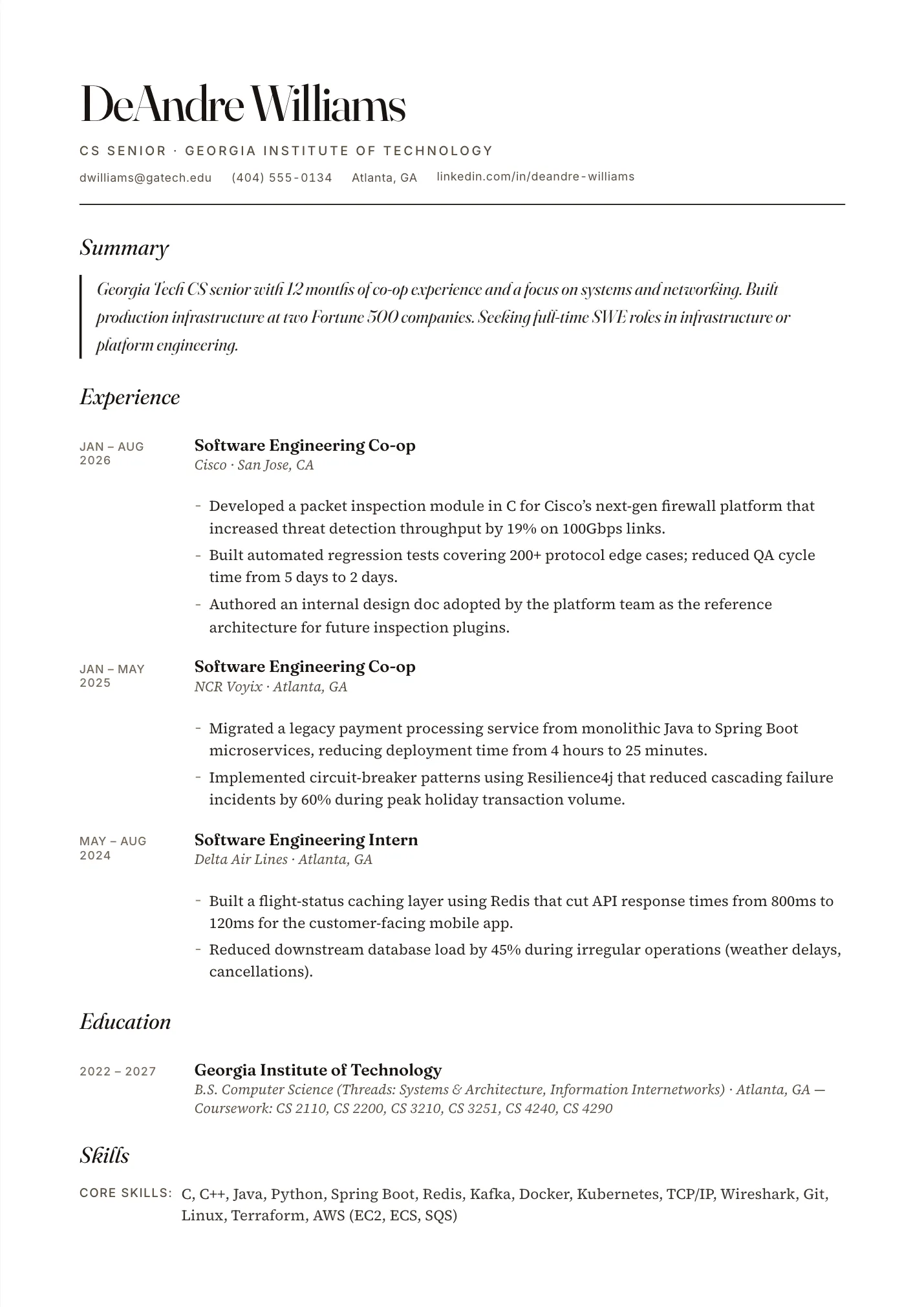 Georgia Tech Resume resume example as a one-page PDF in the LuckyResume editor