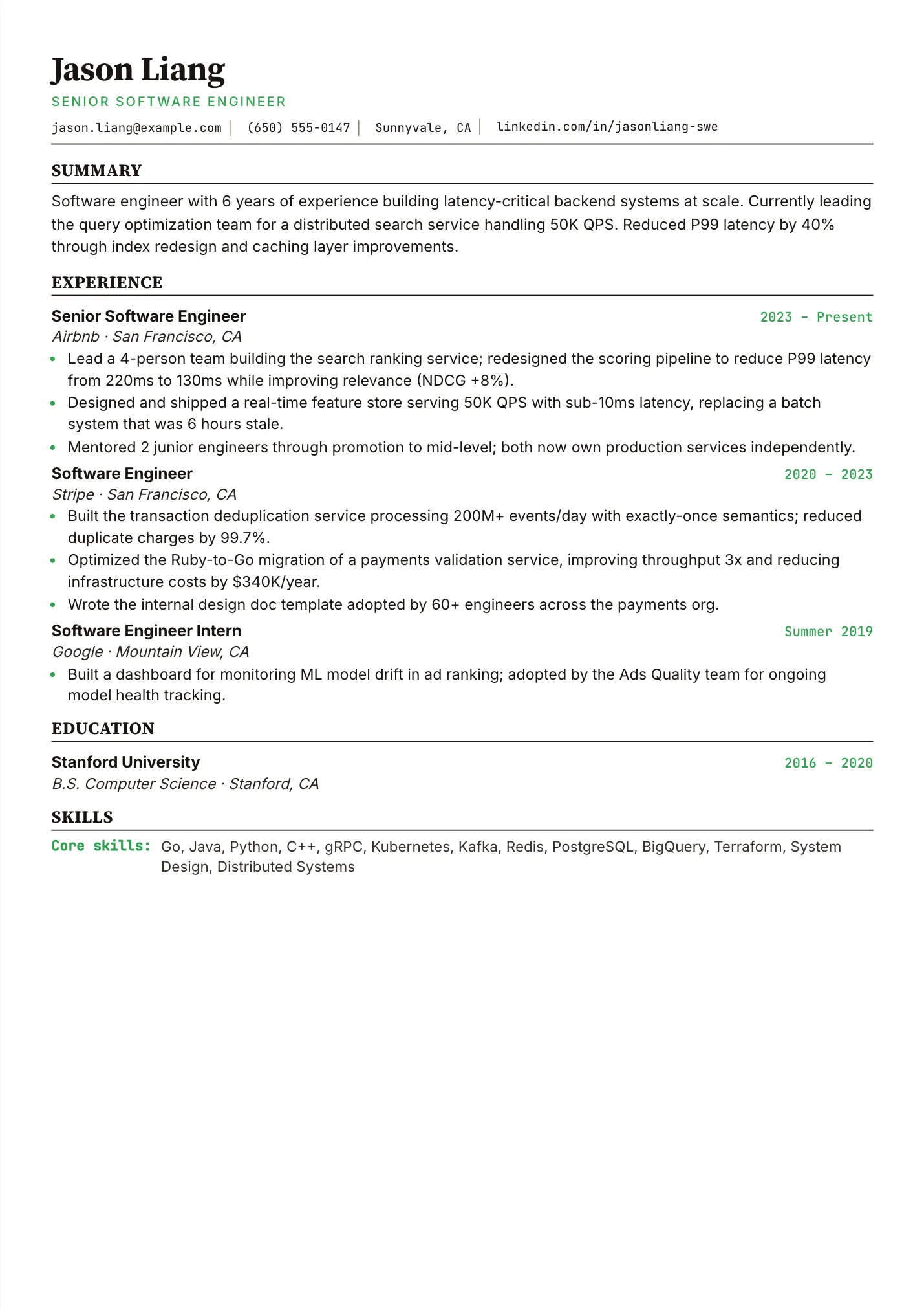 Google Engineer resume example as a one-page PDF in the LuckyResume editor