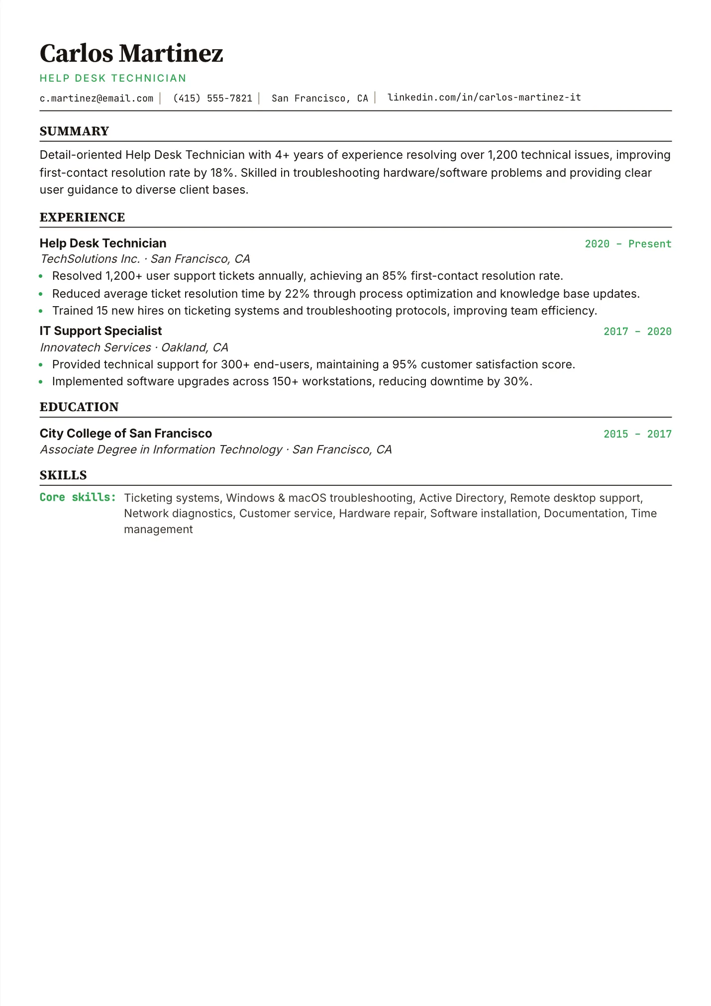 Help Desk Technician resume example as a one-page PDF in the LuckyResume editor