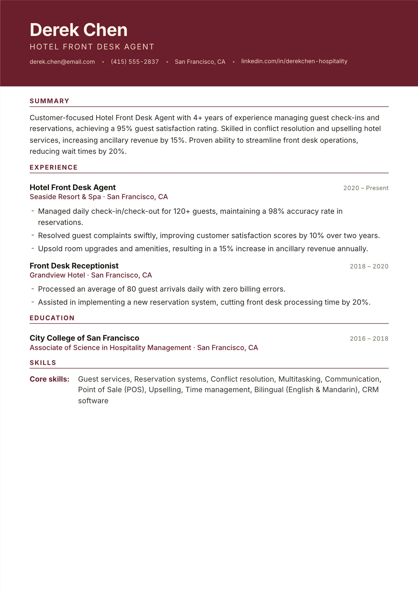 Hotel Front Desk Agent resume example as a one-page PDF in the LuckyResume editor