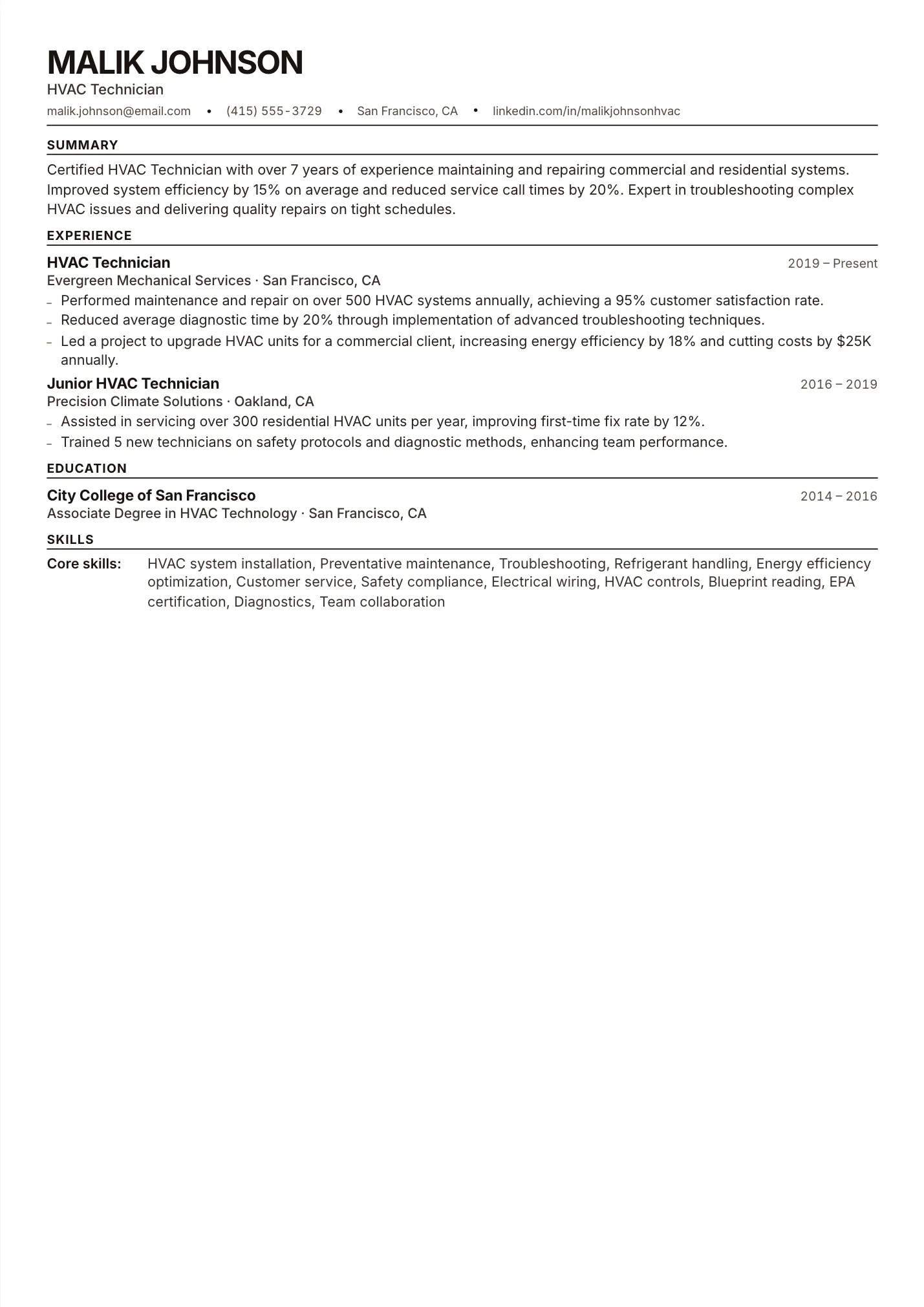 HVAC Technician resume example as a one-page PDF in the LuckyResume editor