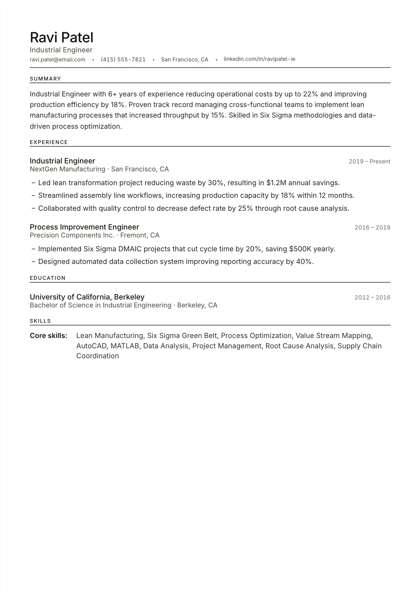Industrial Engineer resume example as a one-page PDF in the LuckyResume editor