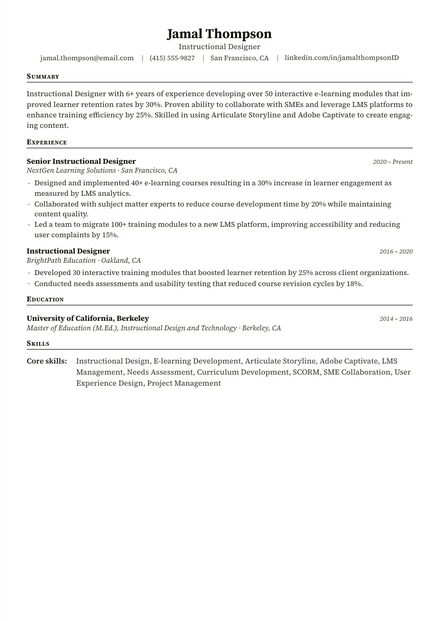 Instructional Designer resume example as a one-page PDF in the LuckyResume editor
