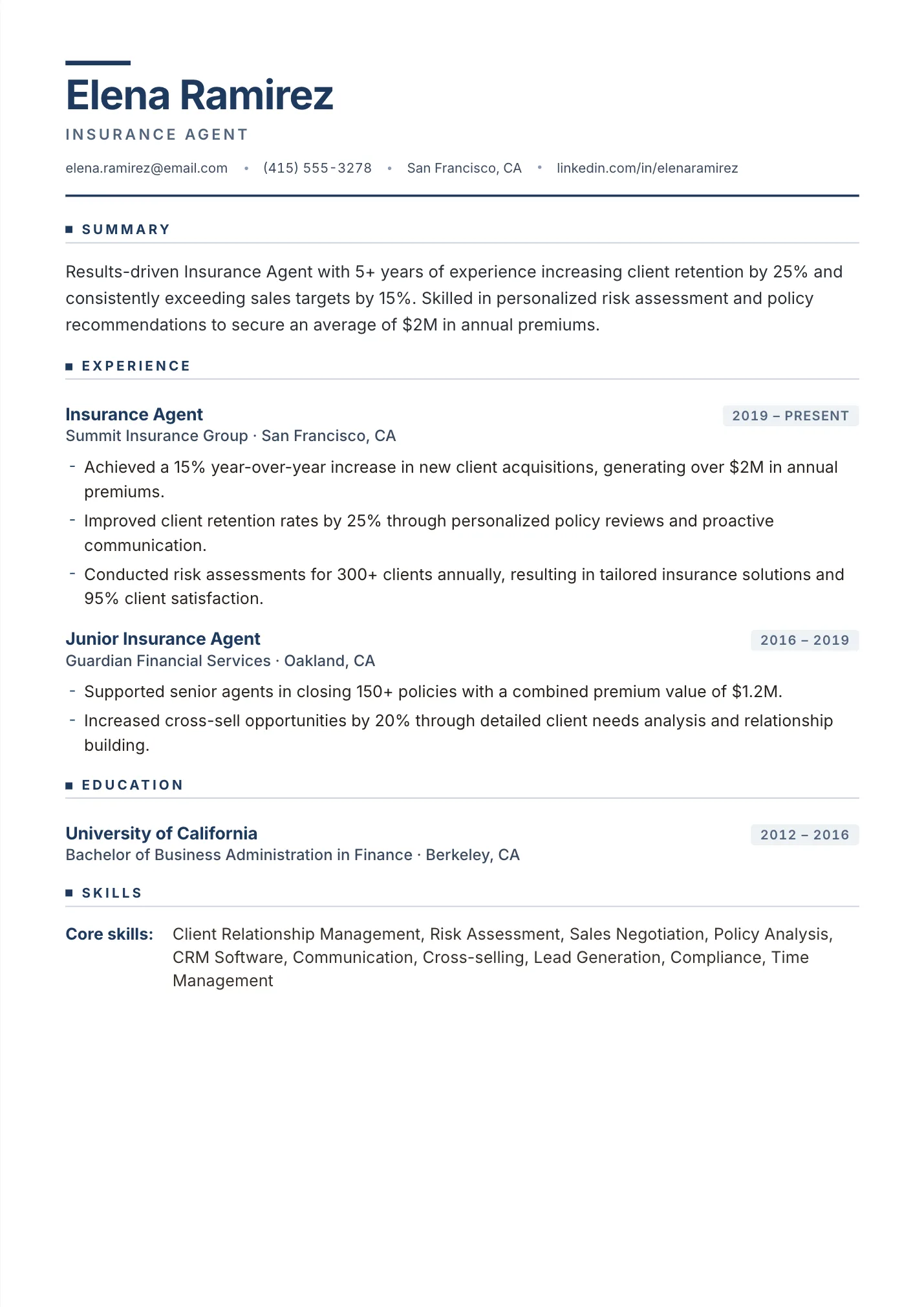 Insurance Agent resume example as a one-page PDF in the LuckyResume editor