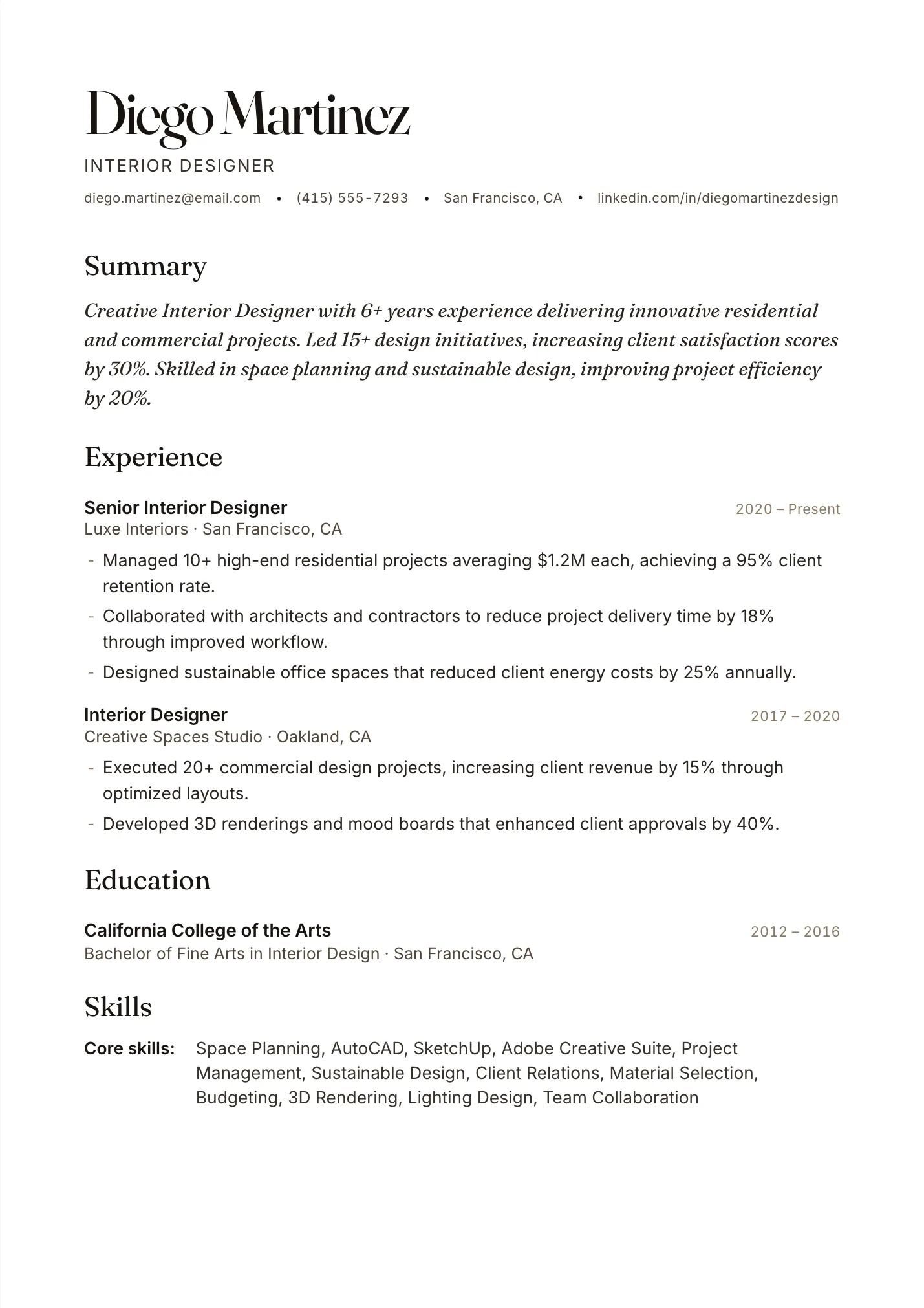 Interior Designer resume example as a one-page PDF in the LuckyResume editor