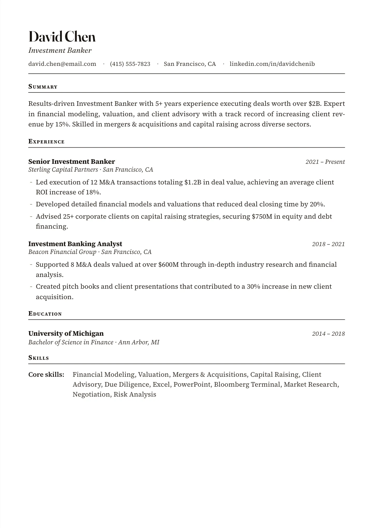 Investment Banker resume example as a one-page PDF in the LuckyResume editor