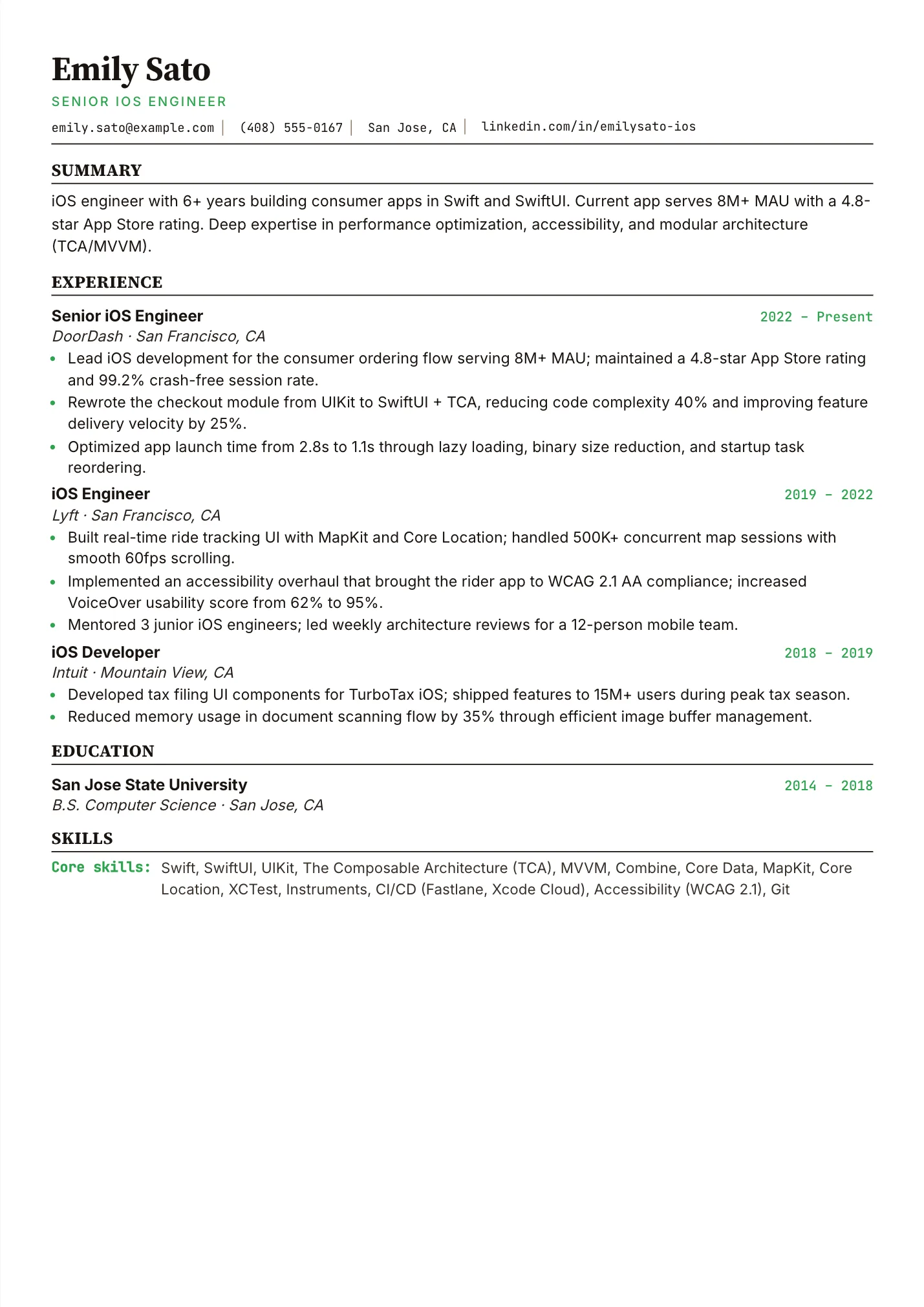 iOS Developer resume example as a one-page PDF in the LuckyResume editor