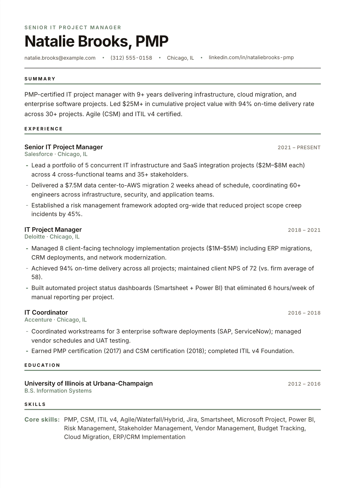 IT Project Manager resume example as a one-page PDF in the LuckyResume editor