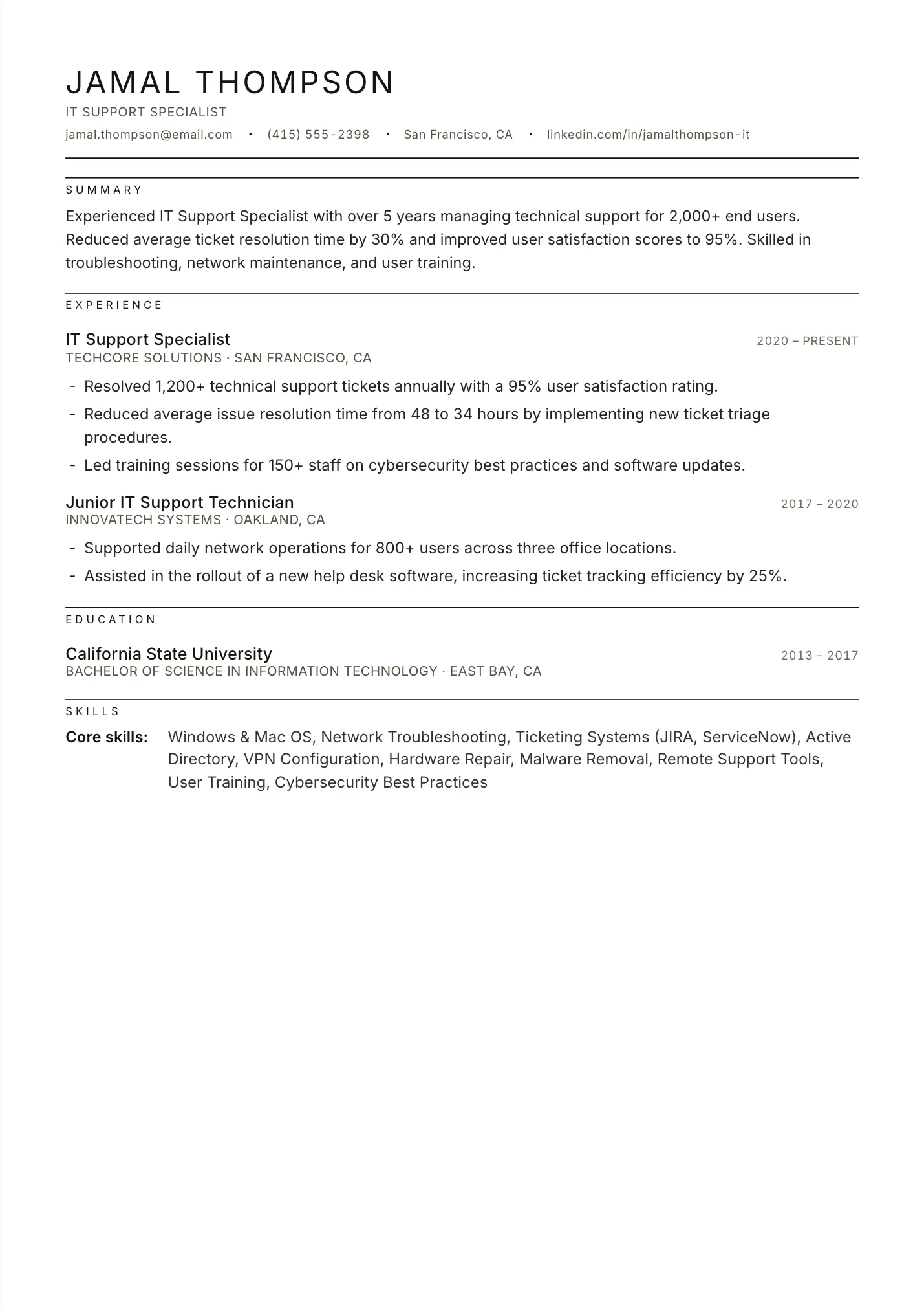 IT Support Specialist resume example as a one-page PDF in the LuckyResume editor