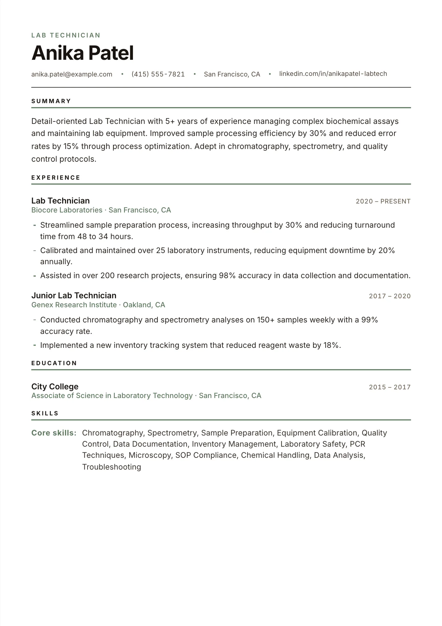 Lab Technician resume example as a one-page PDF in the LuckyResume editor