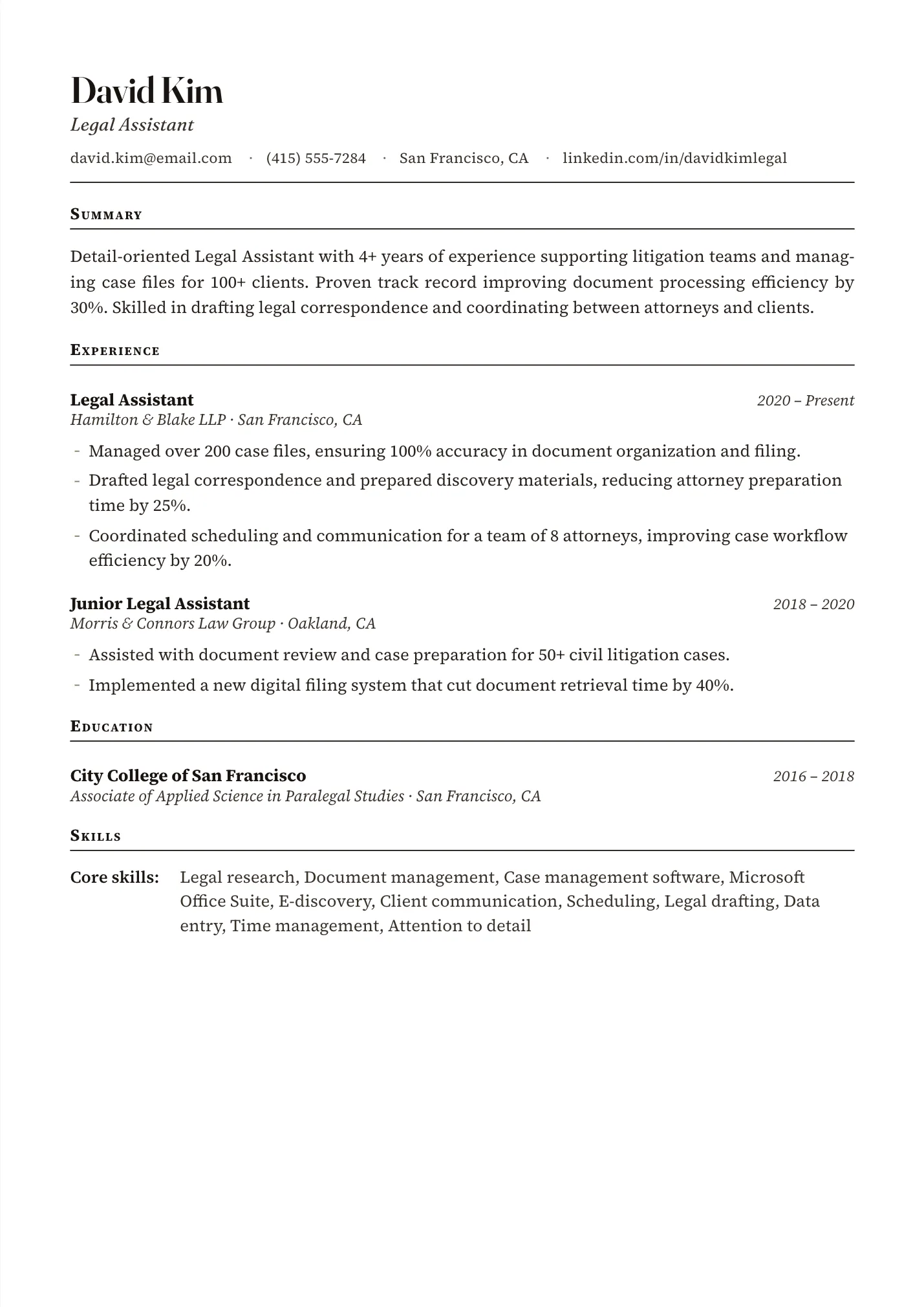Legal Assistant resume example as a one-page PDF in the LuckyResume editor