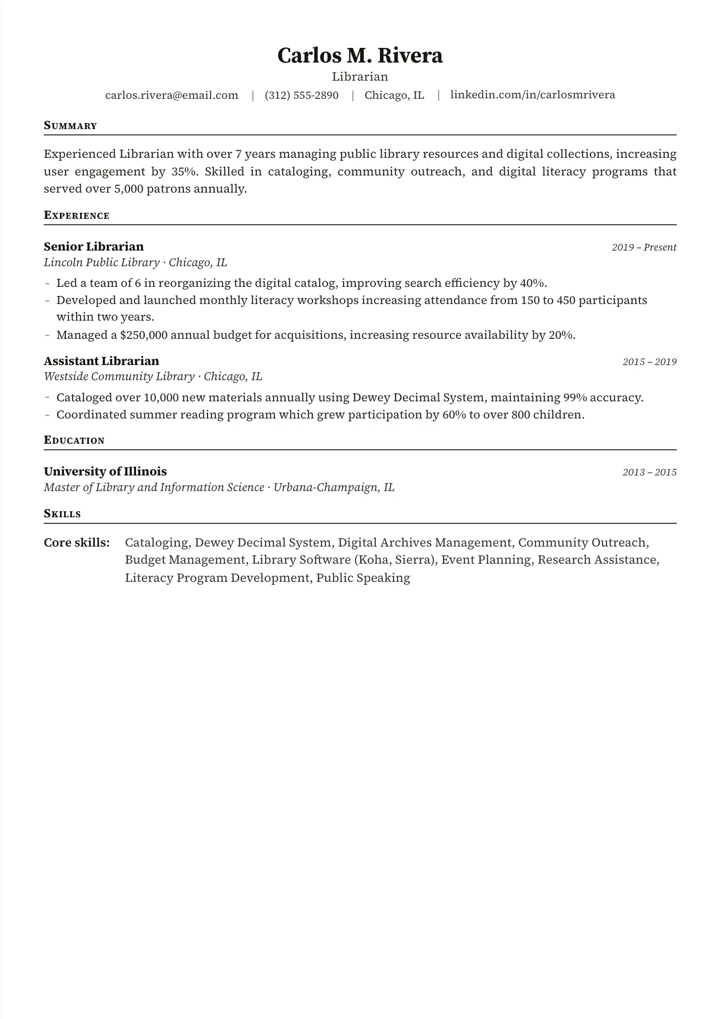 Librarian resume example as a one-page PDF in the LuckyResume editor