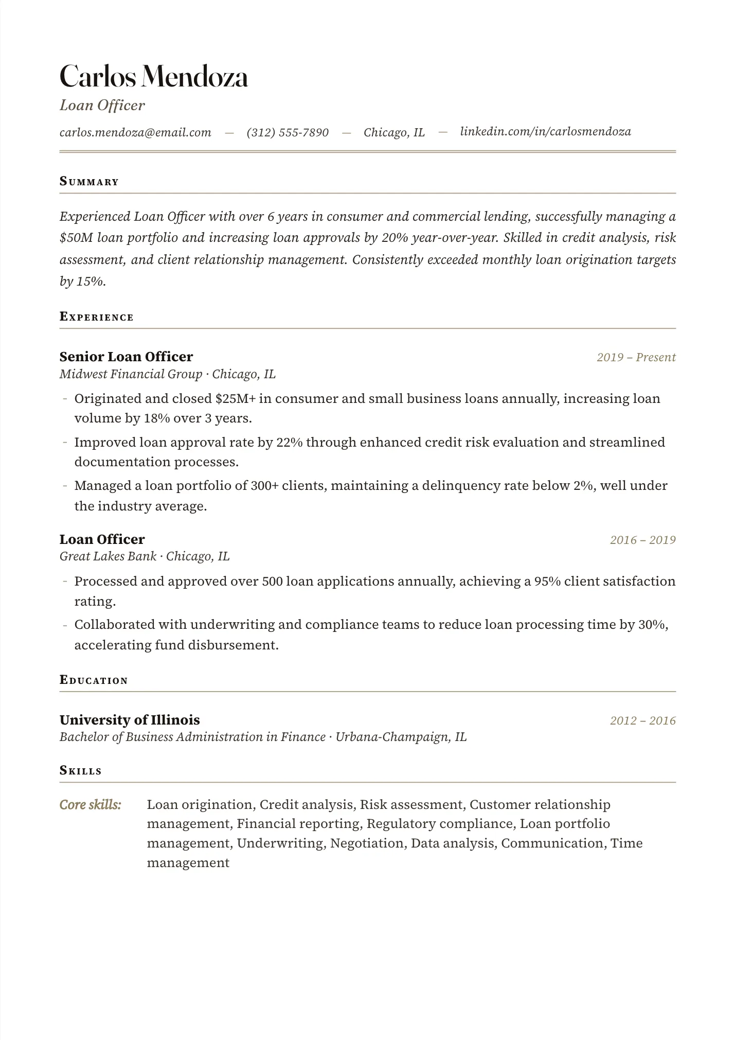Loan Officer resume example as a one-page PDF in the LuckyResume editor