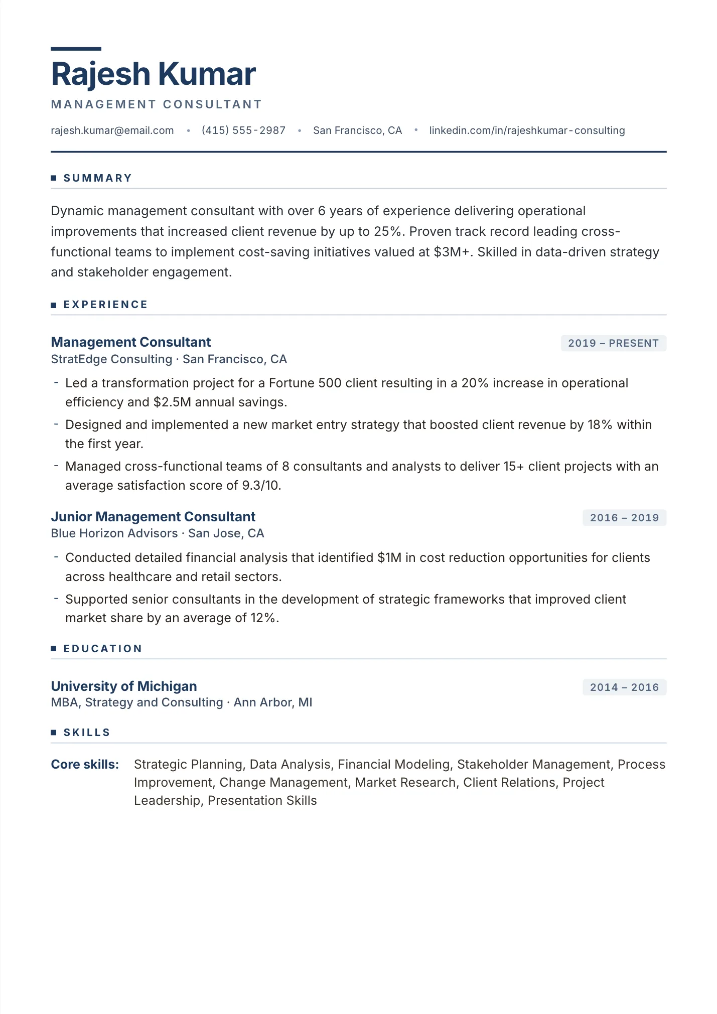 Management Consultant resume example as a one-page PDF in the LuckyResume editor