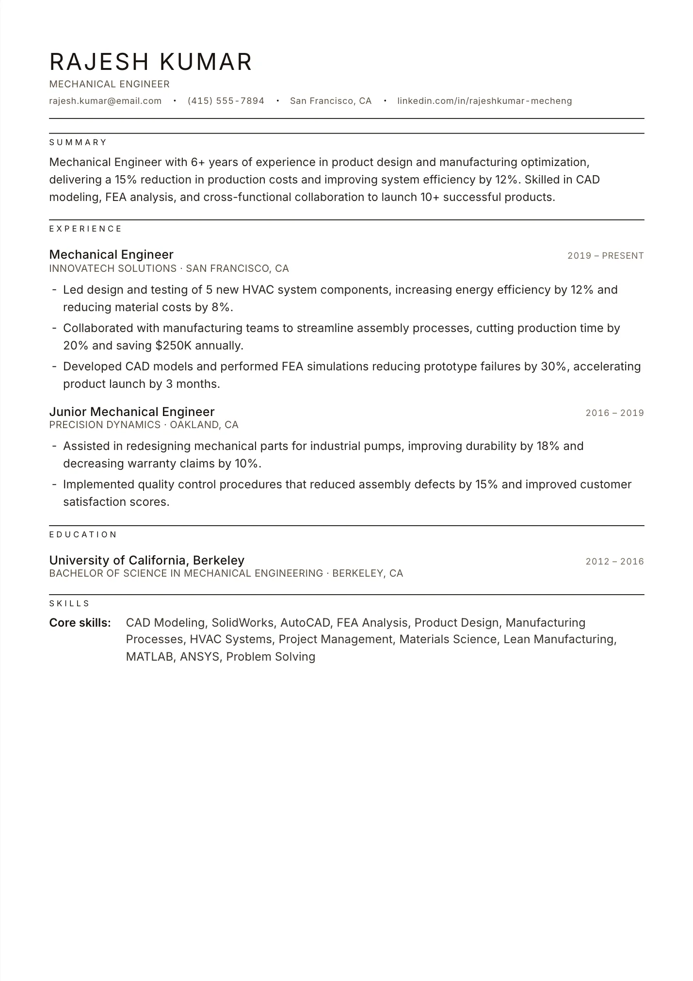 Mechanical Engineer resume example as a one-page PDF in the LuckyResume editor