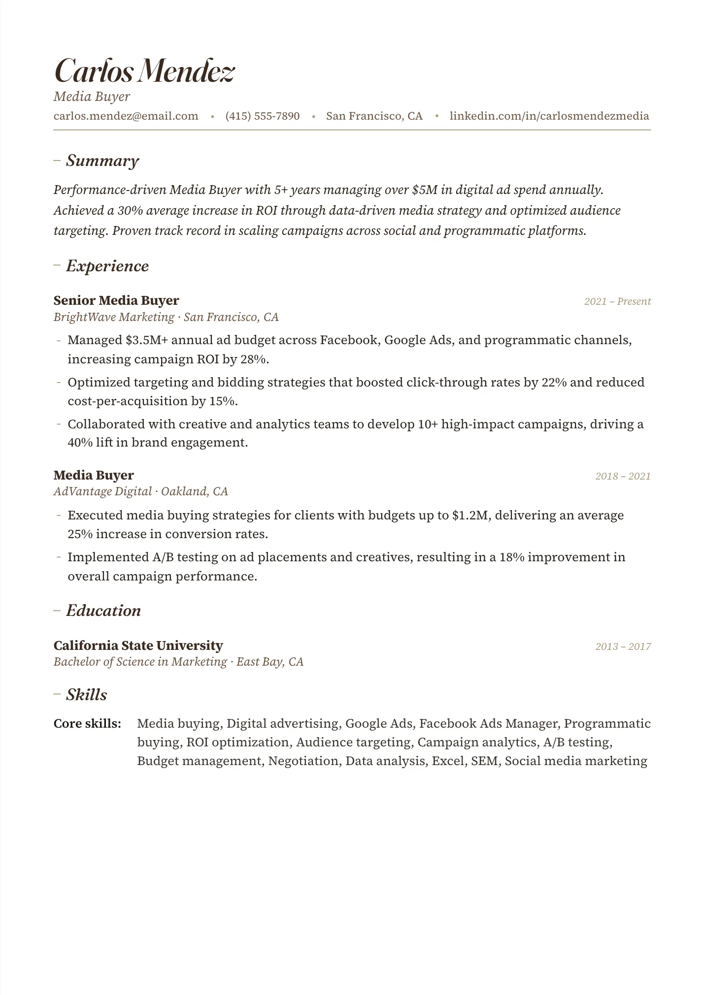Media Buyer resume example as a one-page PDF in the LuckyResume editor