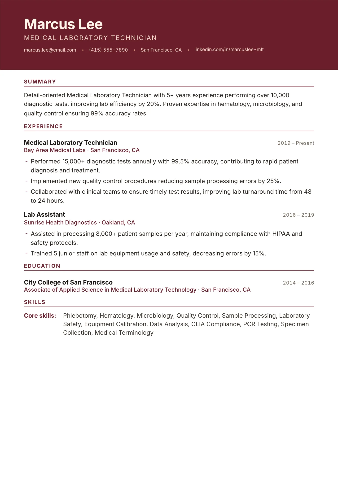 Medical Laboratory Technician resume example as a one-page PDF in the LuckyResume editor