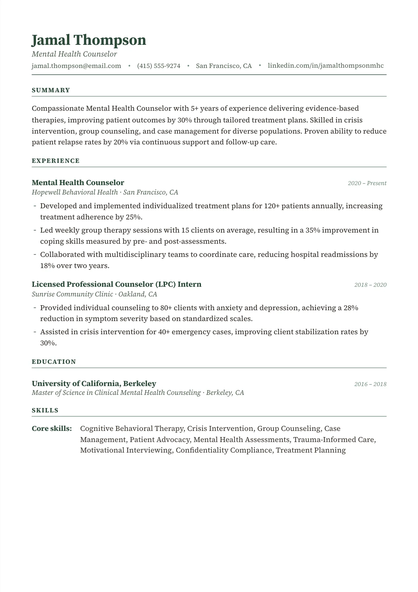 Mental Health Counselor resume example as a one-page PDF in the LuckyResume editor