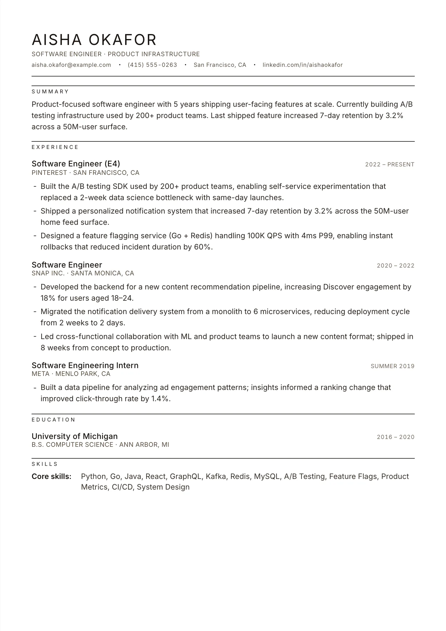 Meta Engineer resume example as a one-page PDF in the LuckyResume editor