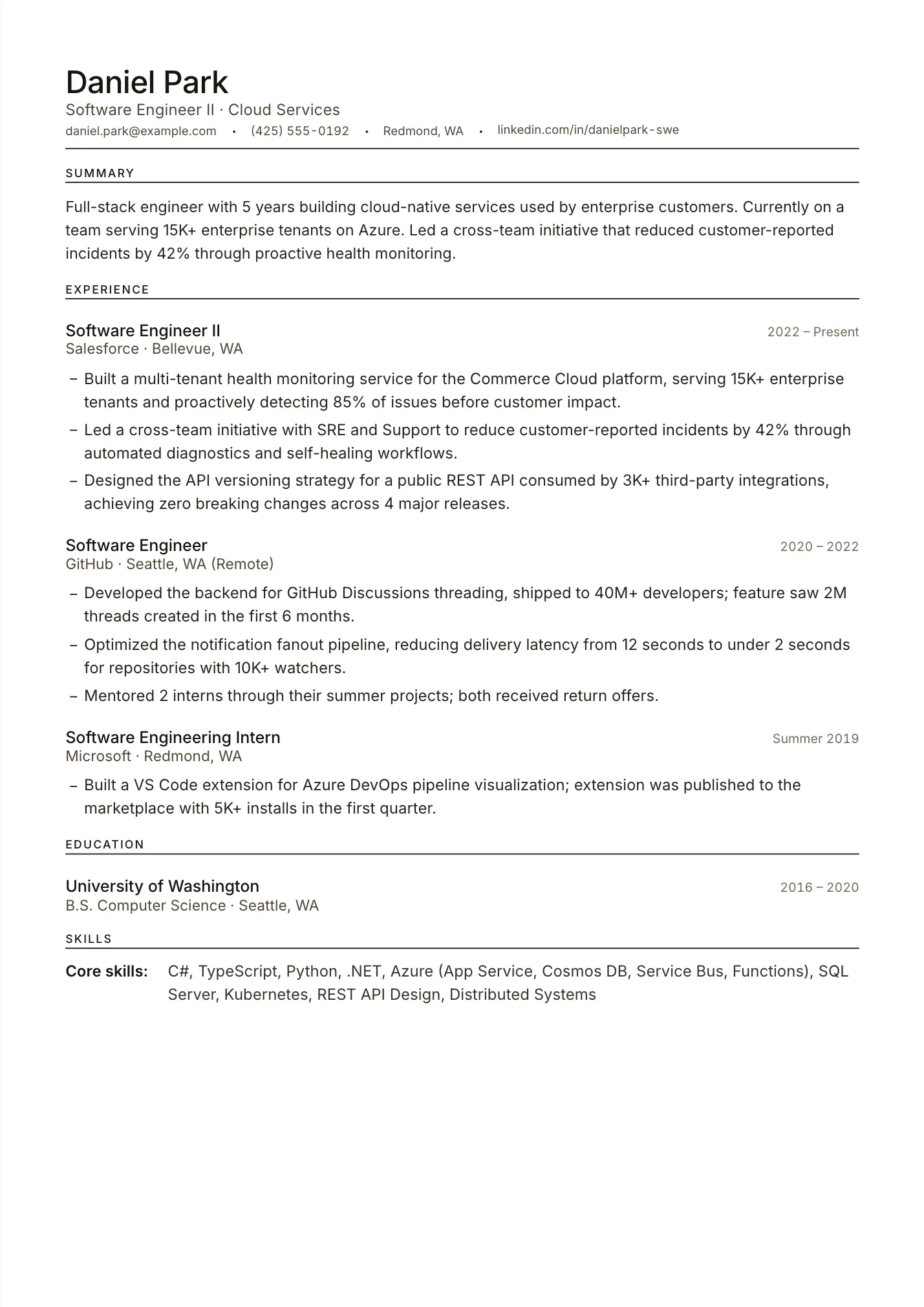 Microsoft Engineer resume example as a one-page PDF in the LuckyResume editor