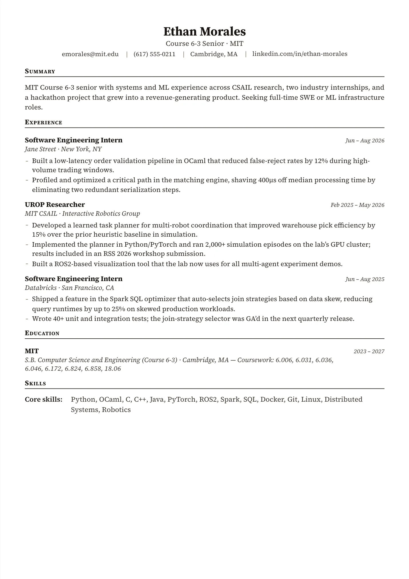 MIT Resume resume example as a one-page PDF in the LuckyResume editor