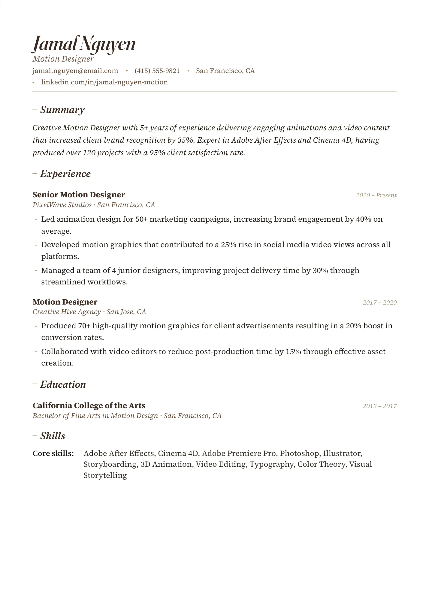Motion Designer resume example as a one-page PDF in the LuckyResume editor