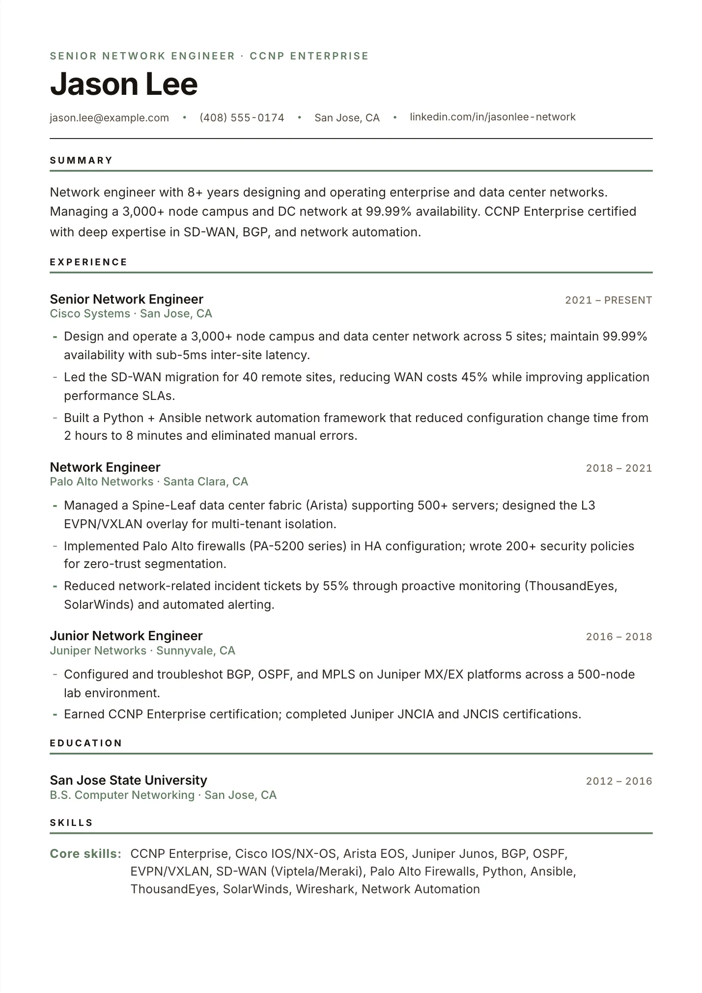 Network Engineer resume example as a one-page PDF in the LuckyResume editor