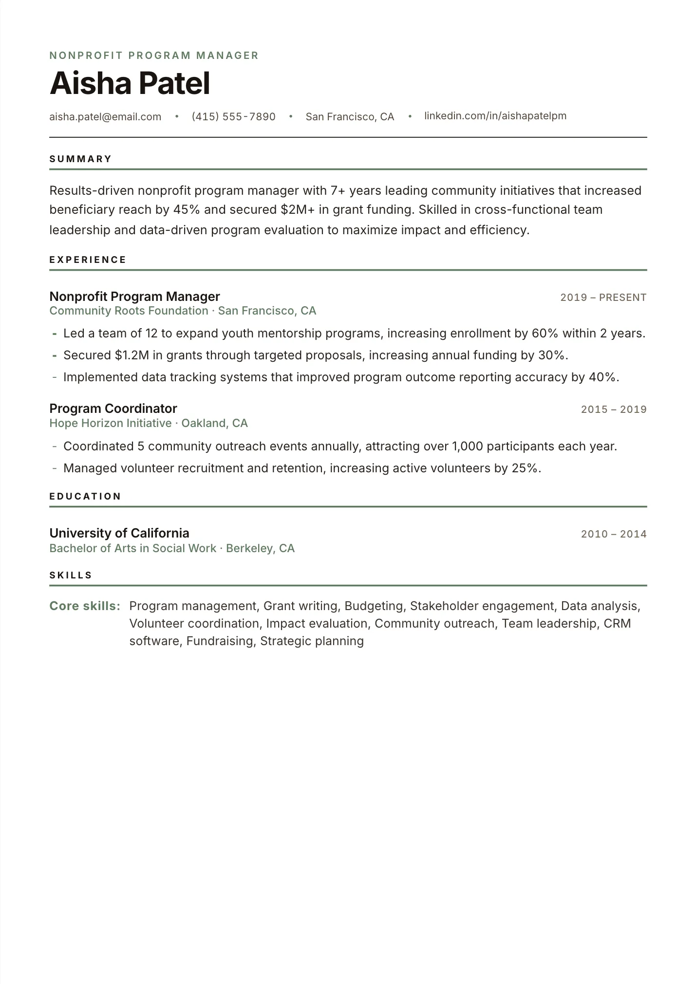Nonprofit Program Manager resume example as a one-page PDF in the LuckyResume editor