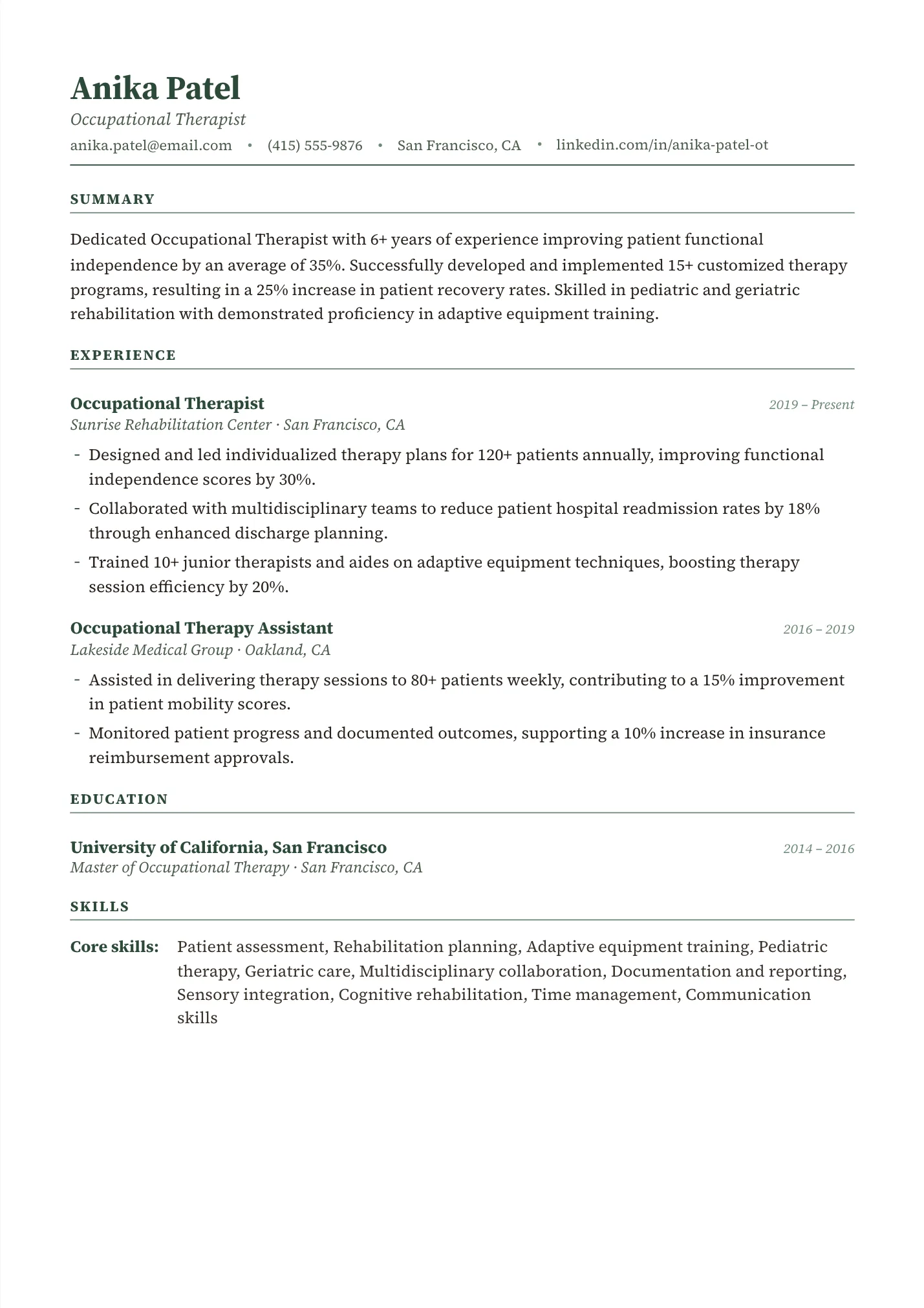 Occupational Therapist resume example as a one-page PDF in the LuckyResume editor