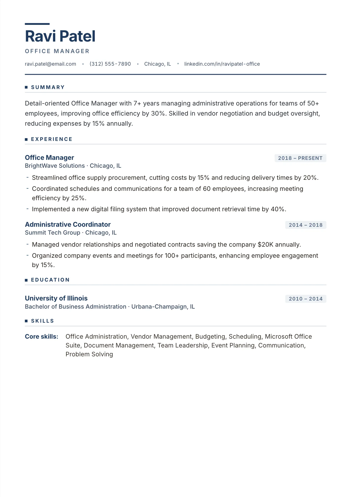 Office Manager resume example as a one-page PDF in the LuckyResume editor