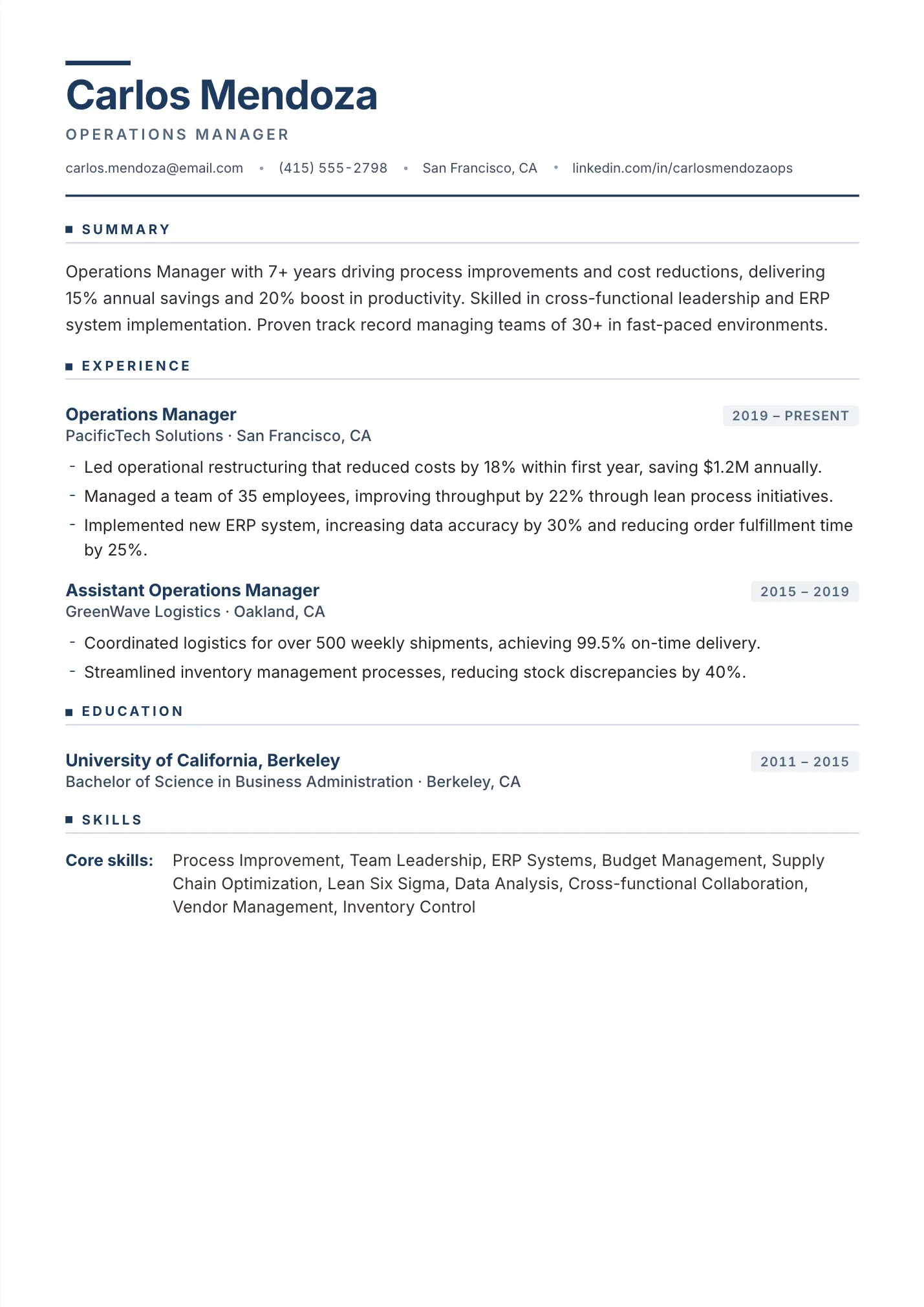 Operations Manager resume example as a one-page PDF in the LuckyResume editor
