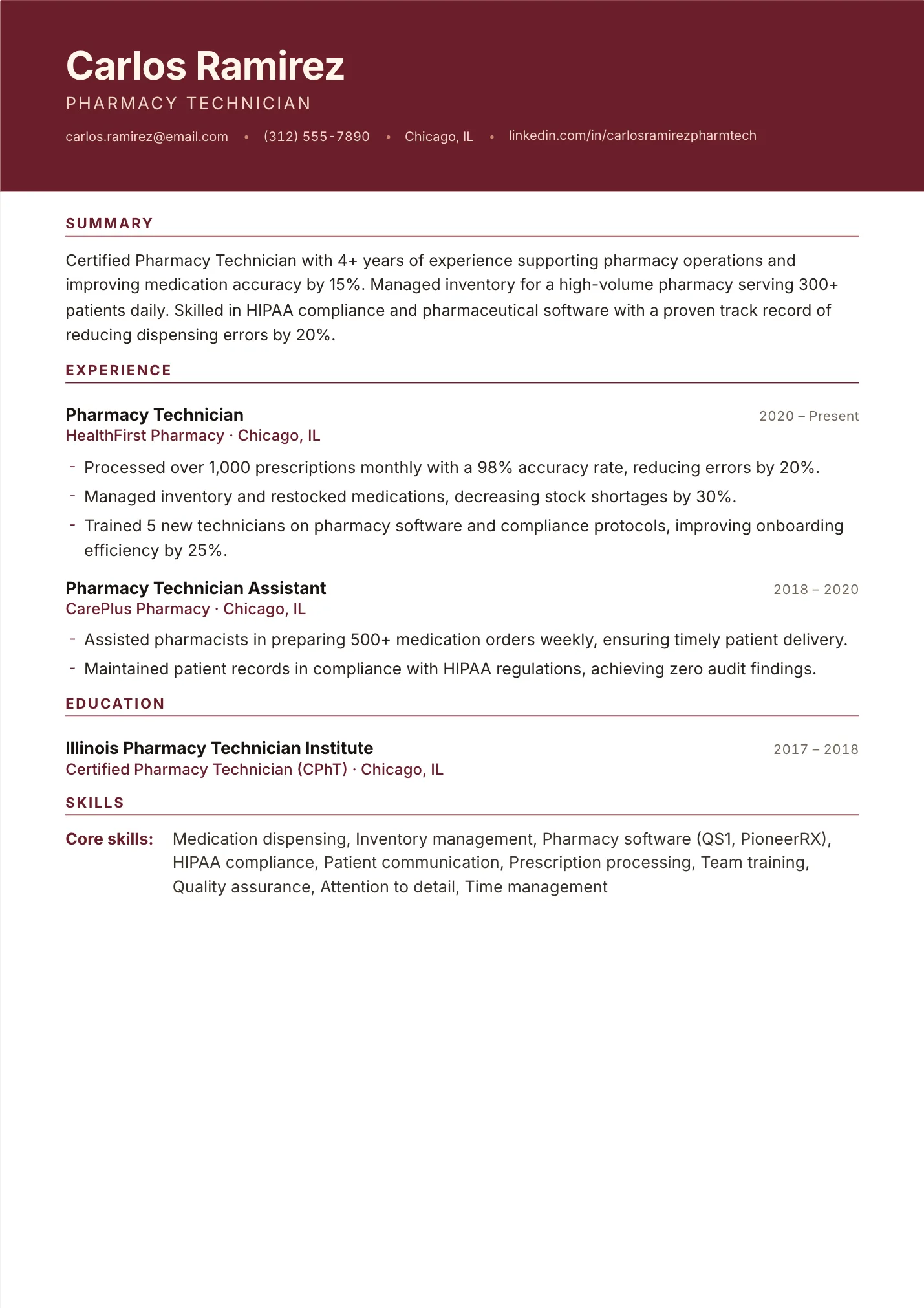 Pharmacy Technician resume example as a one-page PDF in the LuckyResume editor