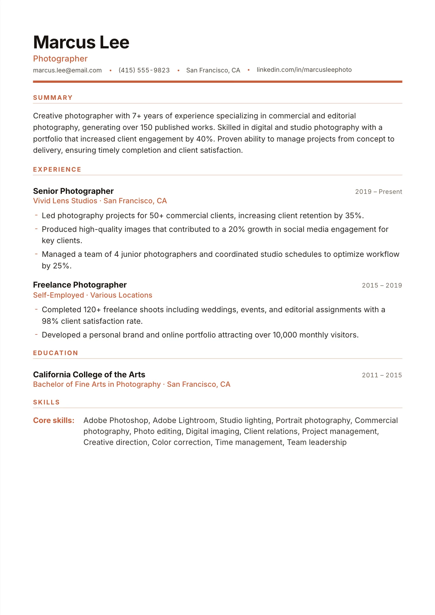 Photographer resume example as a one-page PDF in the LuckyResume editor