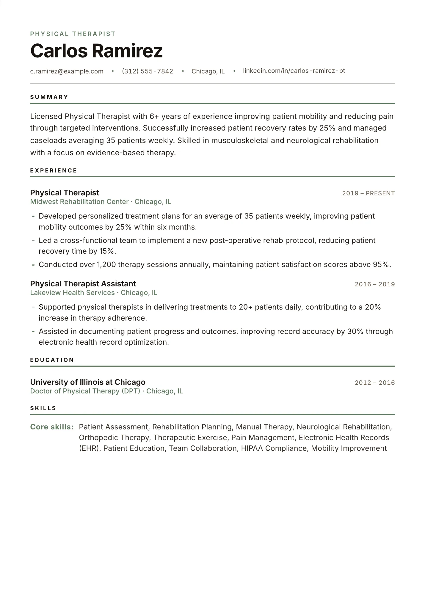 Physical Therapist resume example as a one-page PDF in the LuckyResume editor