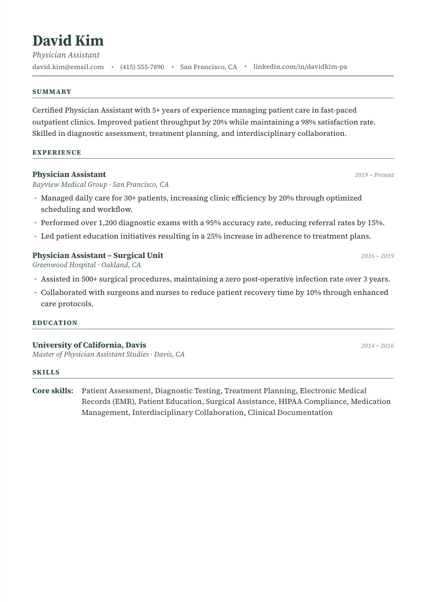 Physician Assistant resume example as a one-page PDF in the LuckyResume editor
