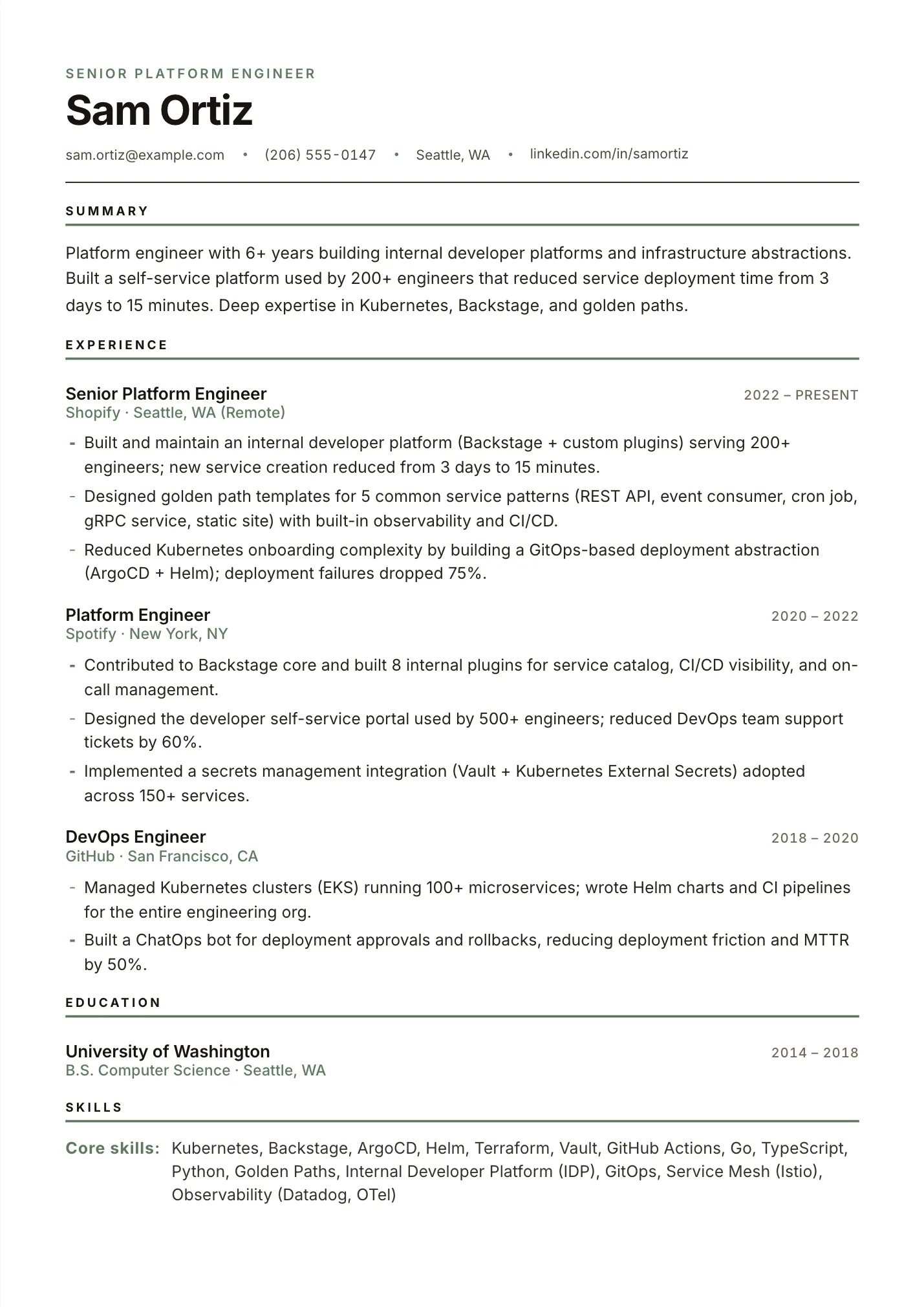Platform Engineer resume example as a one-page PDF in the LuckyResume editor