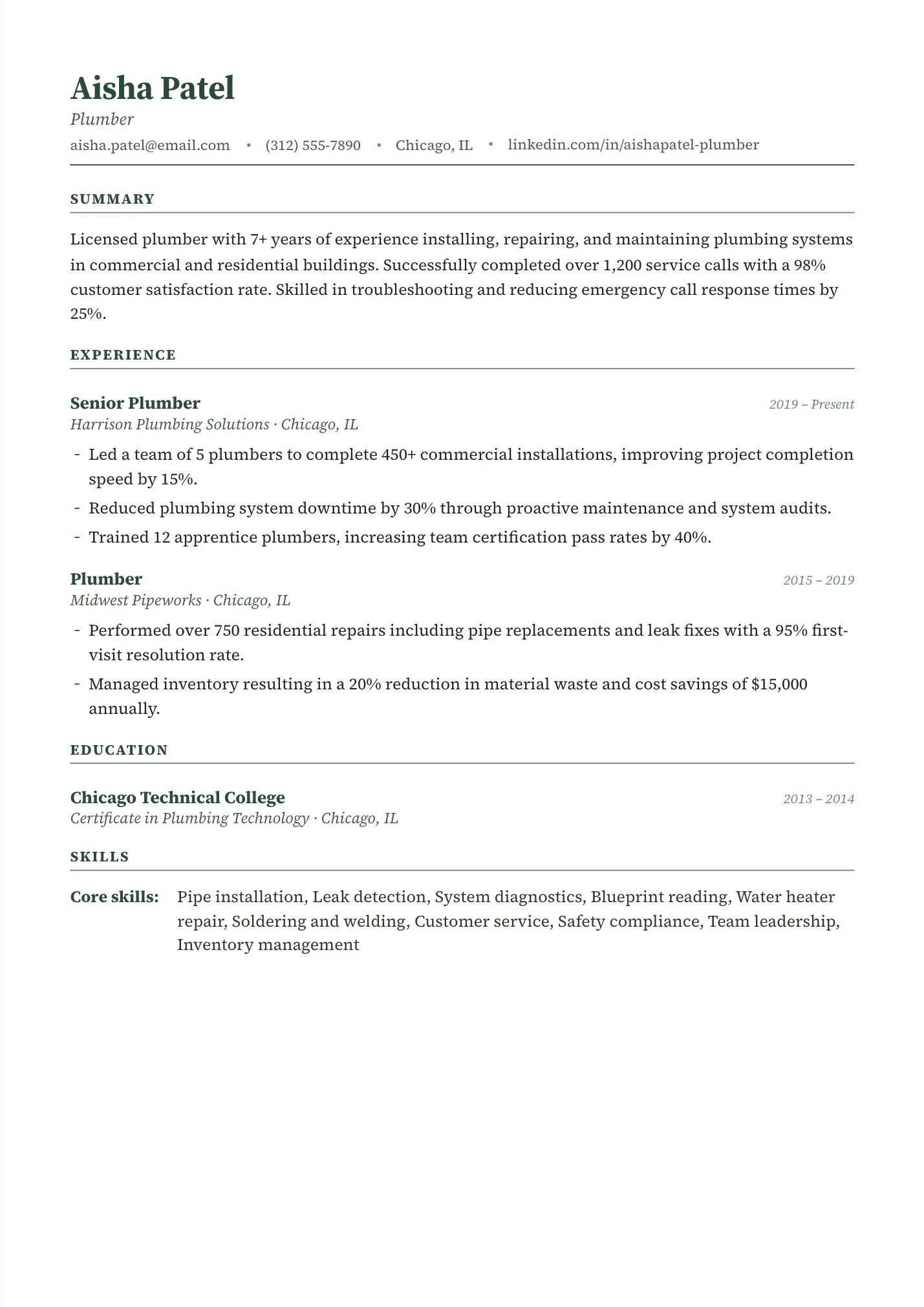 Plumber resume example as a one-page PDF in the LuckyResume editor