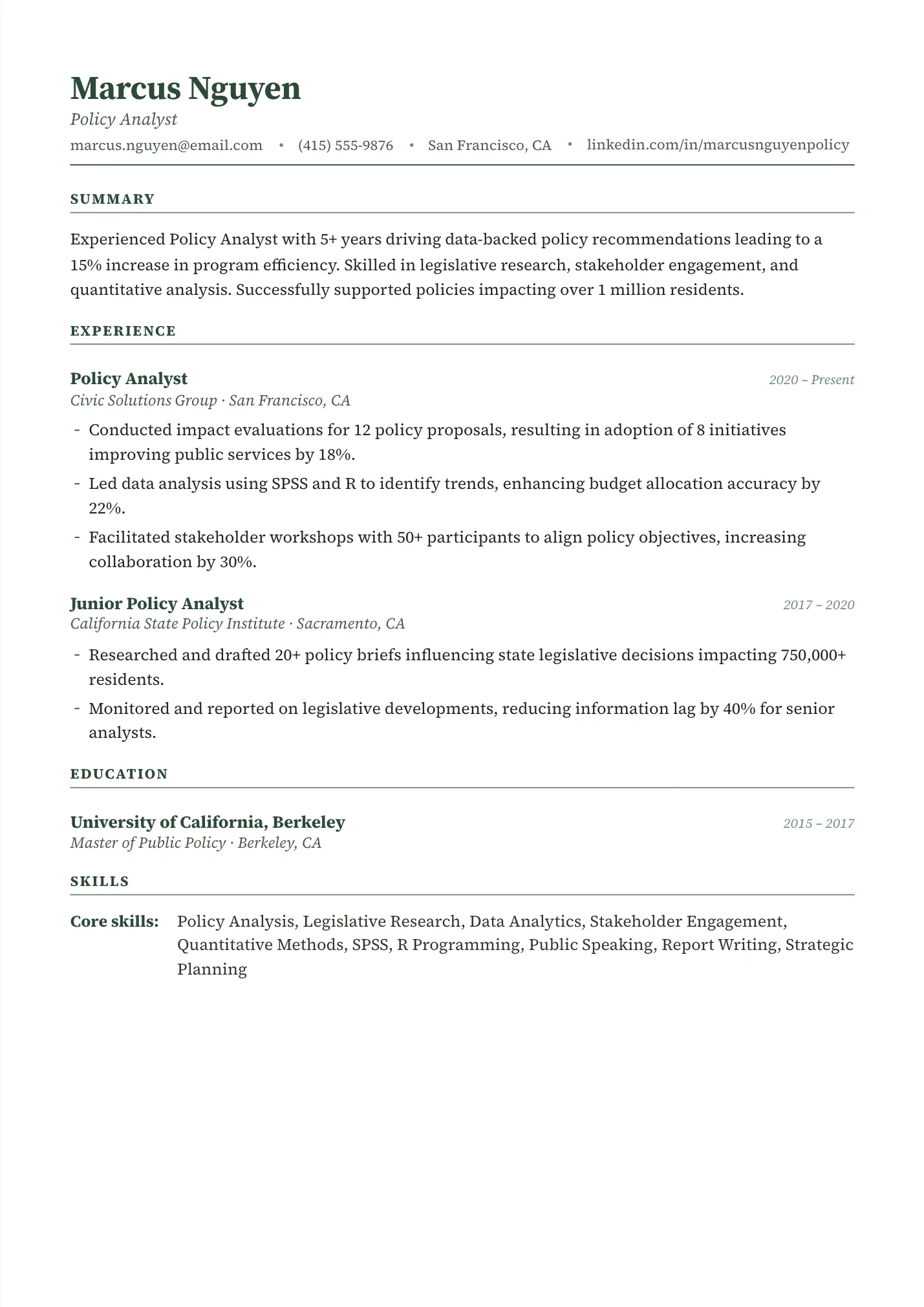 Policy Analyst resume example as a one-page PDF in the LuckyResume editor