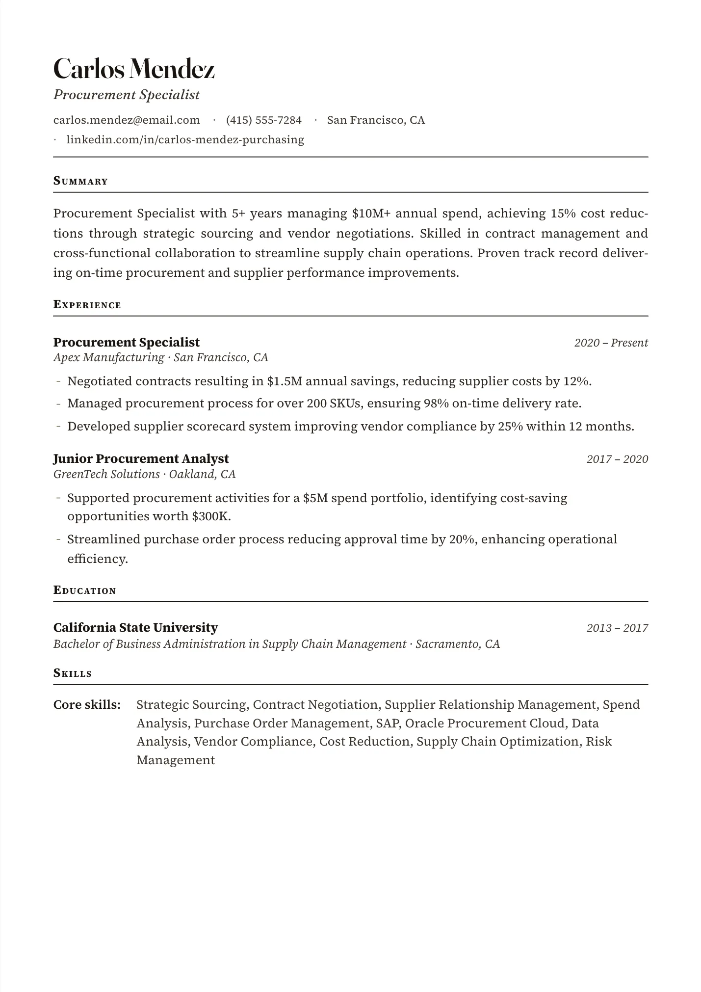 Procurement Specialist resume example as a one-page PDF in the LuckyResume editor