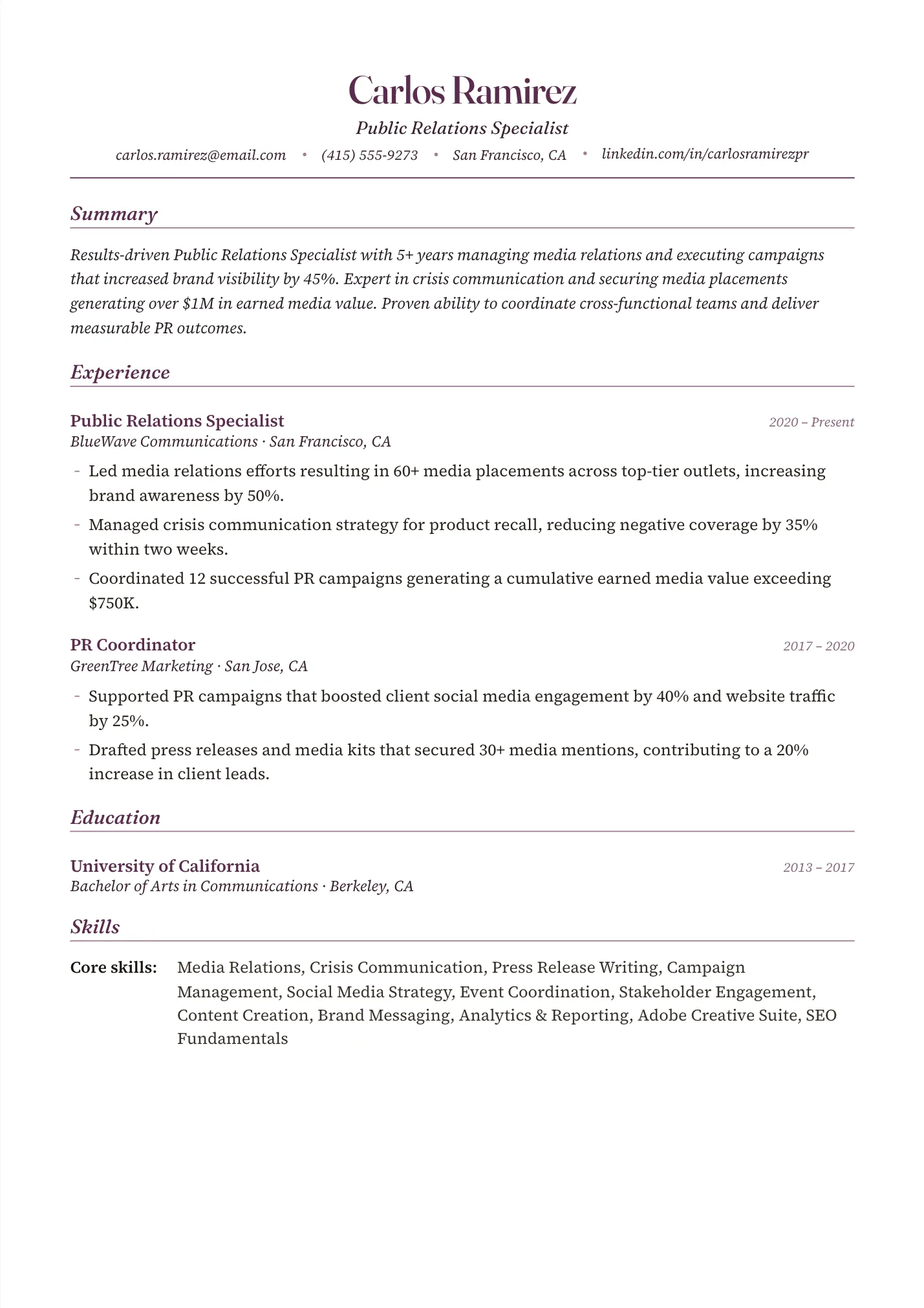 Public Relations Specialist resume example as a one-page PDF in the LuckyResume editor