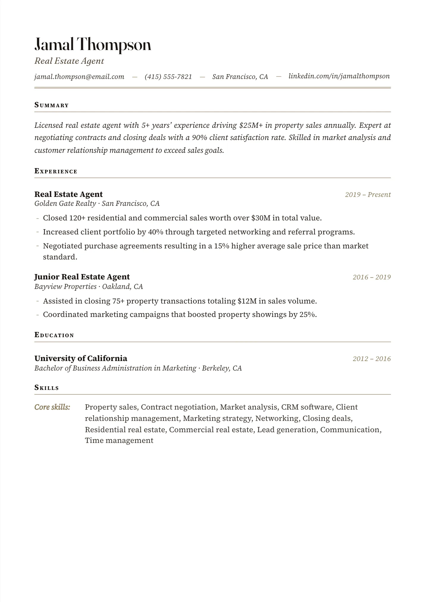 Real Estate Agent resume example as a one-page PDF in the LuckyResume editor