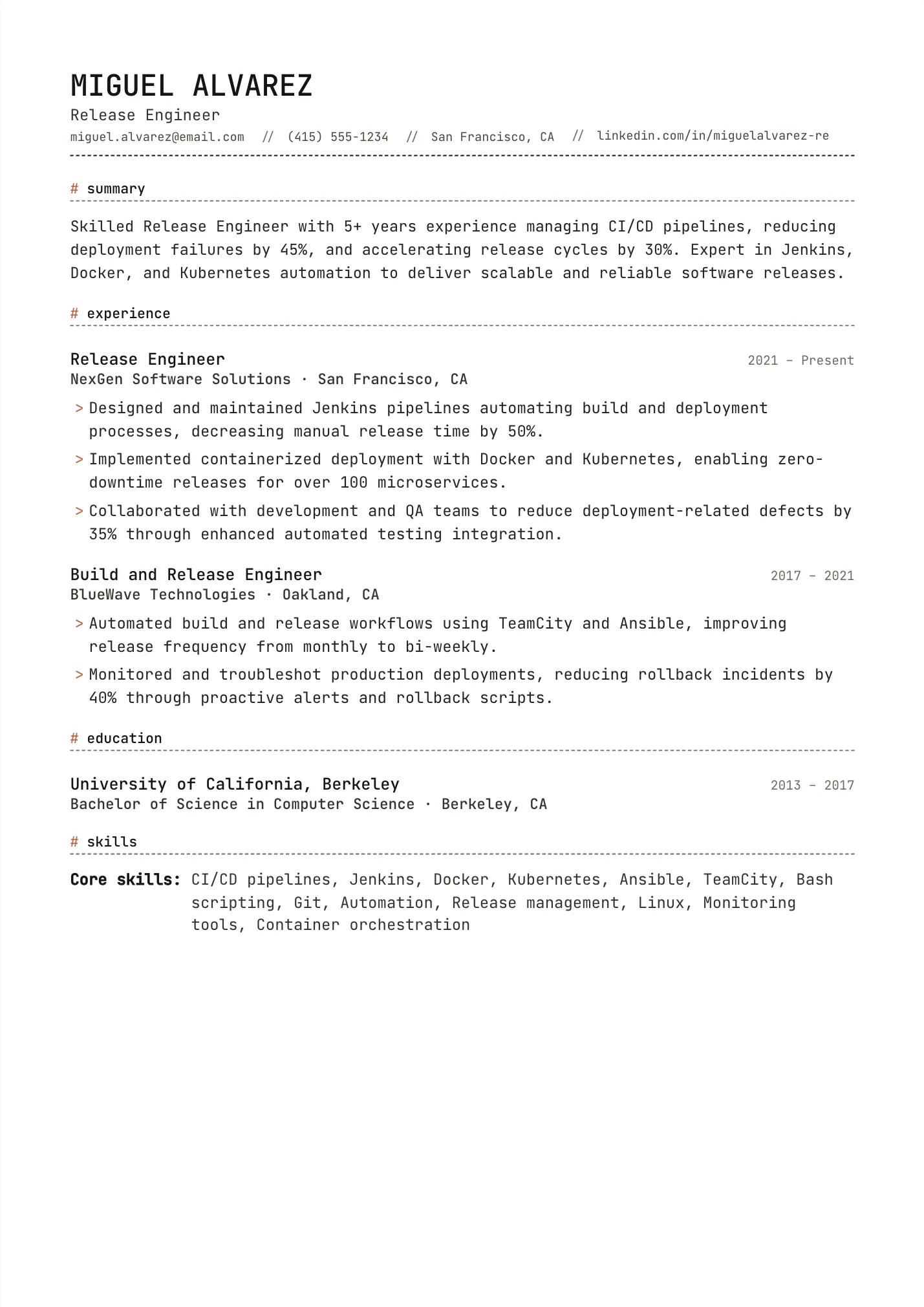 Release Engineer resume example as a one-page PDF in the LuckyResume editor