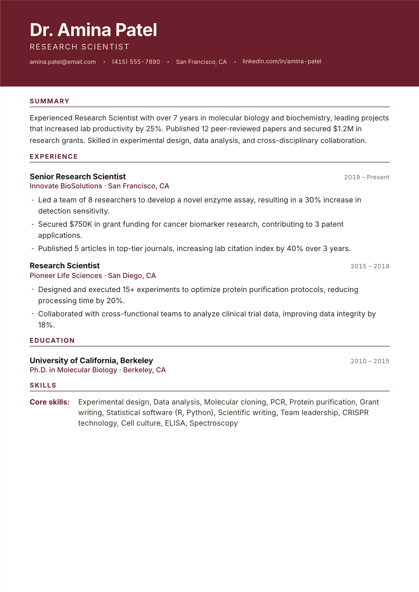 Research Scientist resume example as a one-page PDF in the LuckyResume editor
