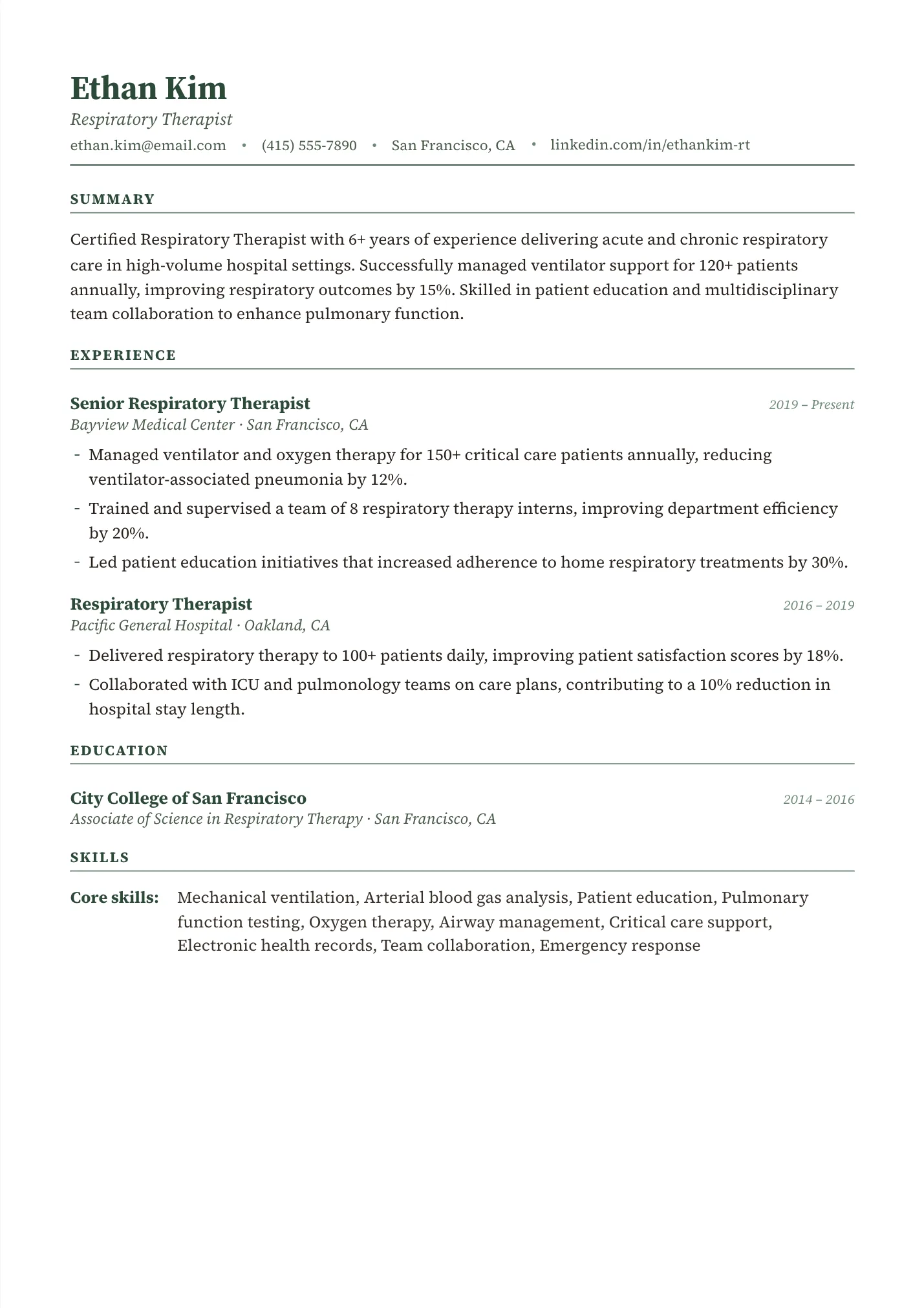 Respiratory Therapist resume example as a one-page PDF in the LuckyResume editor