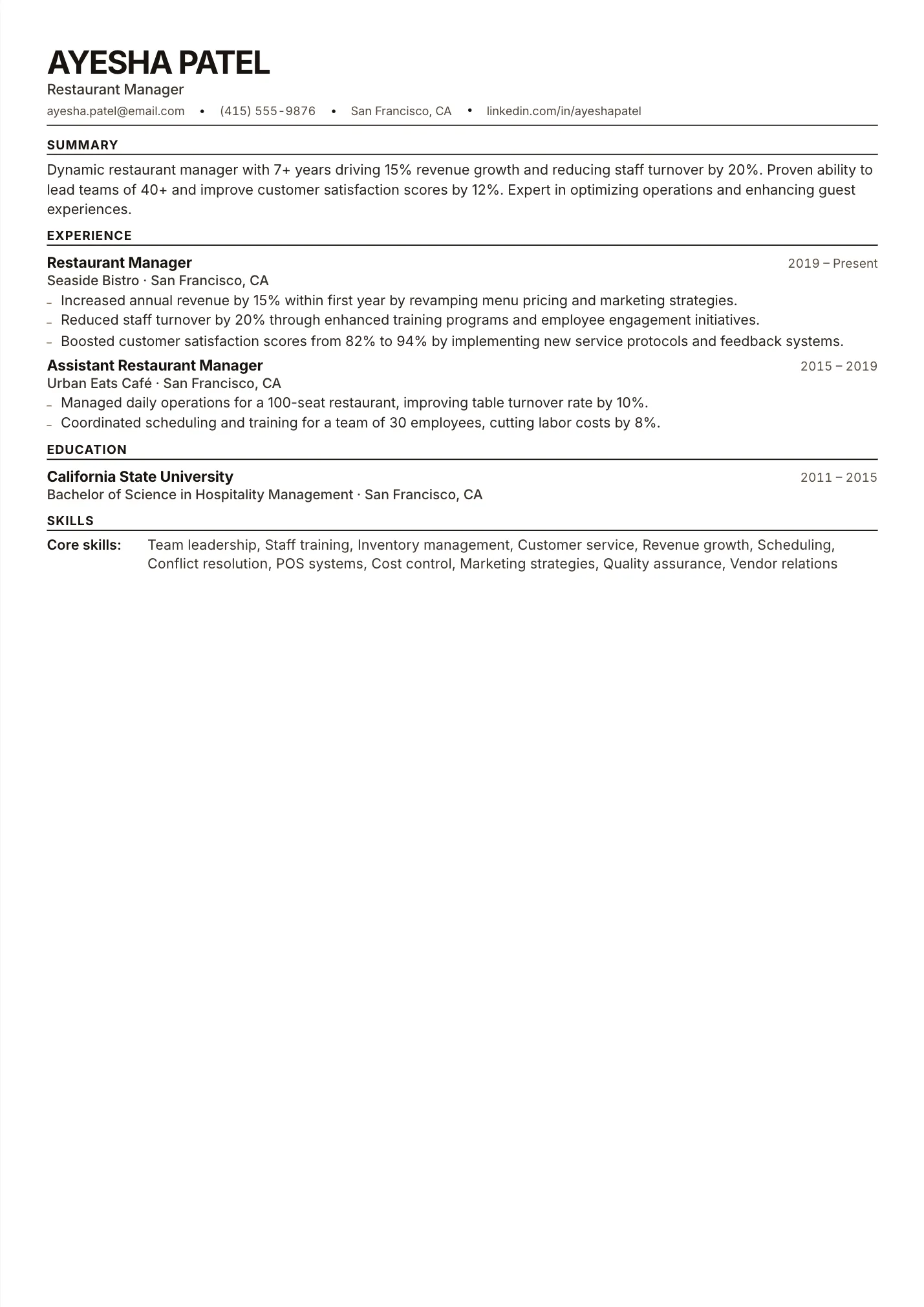 Restaurant Manager resume example as a one-page PDF in the LuckyResume editor