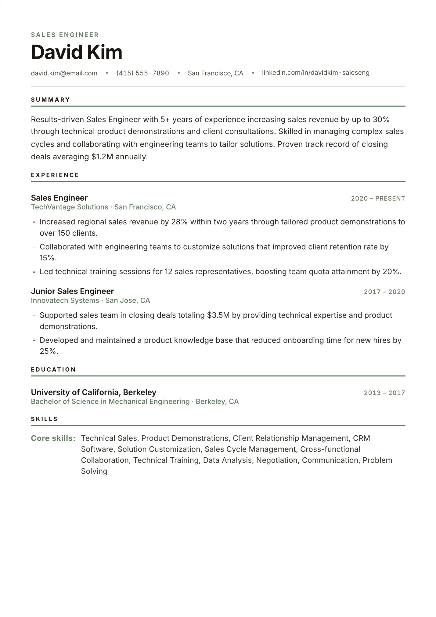 Sales Engineer resume example as a one-page PDF in the LuckyResume editor