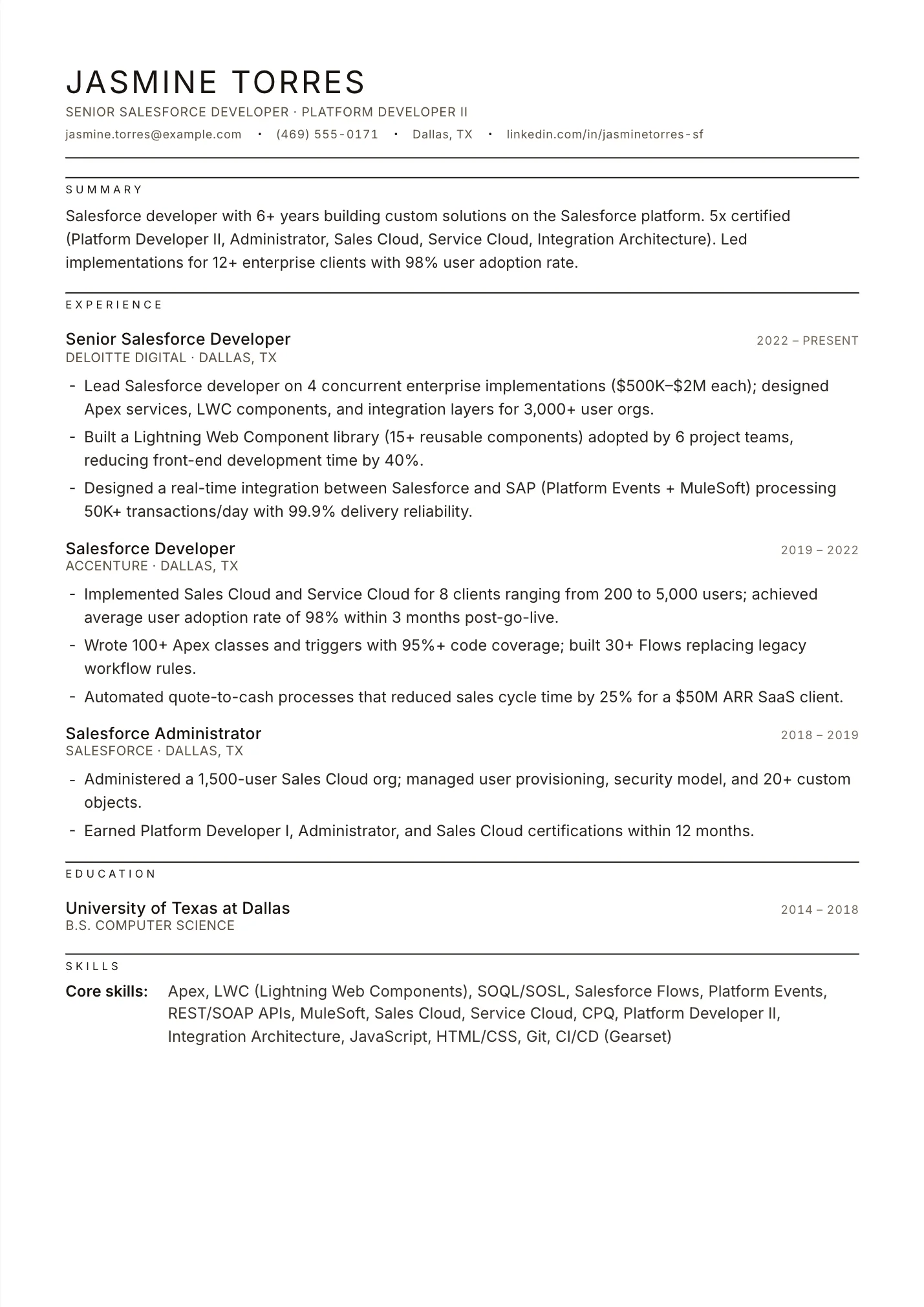 Salesforce Developer resume example as a one-page PDF in the LuckyResume editor
