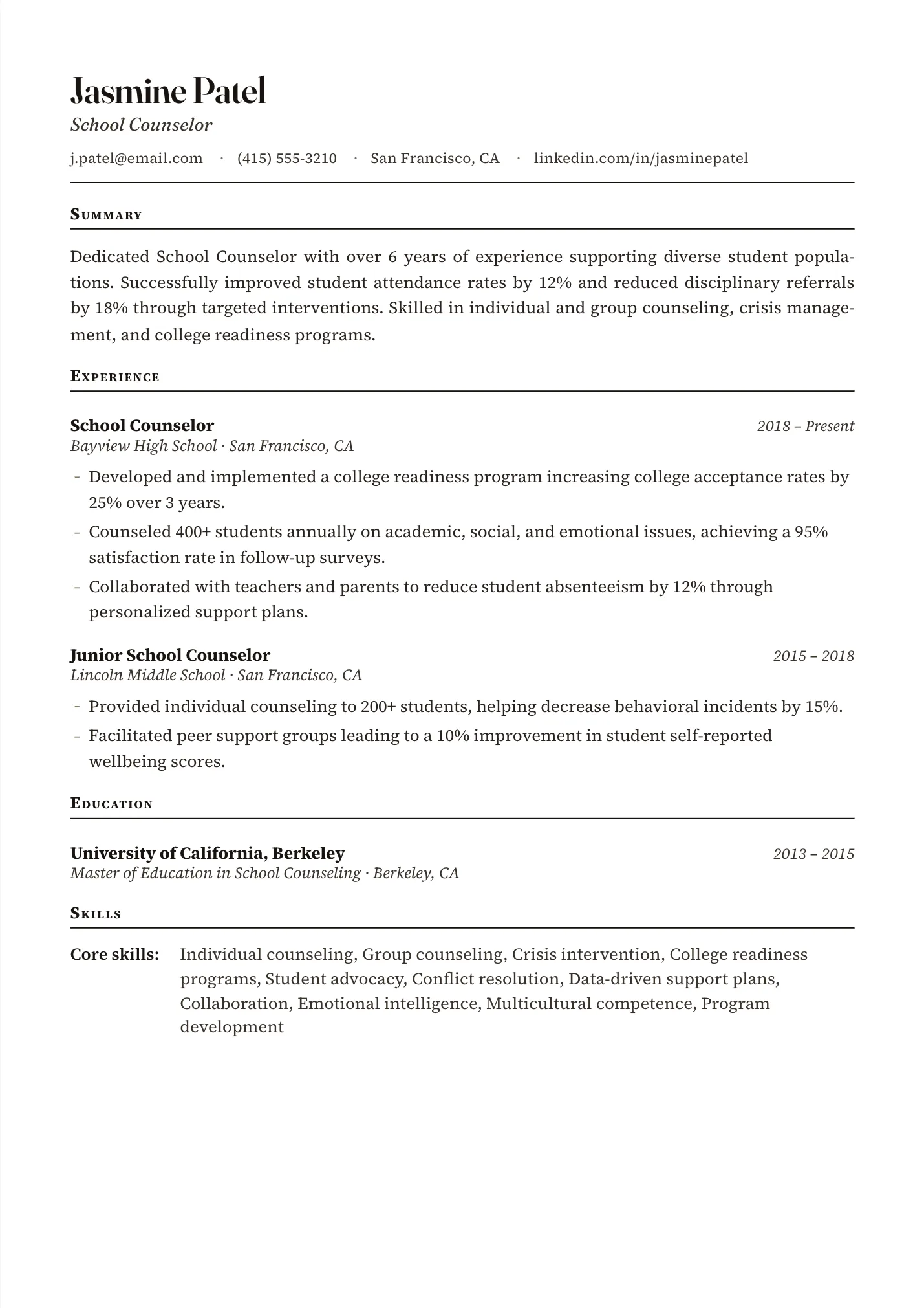 School Counselor resume example as a one-page PDF in the LuckyResume editor